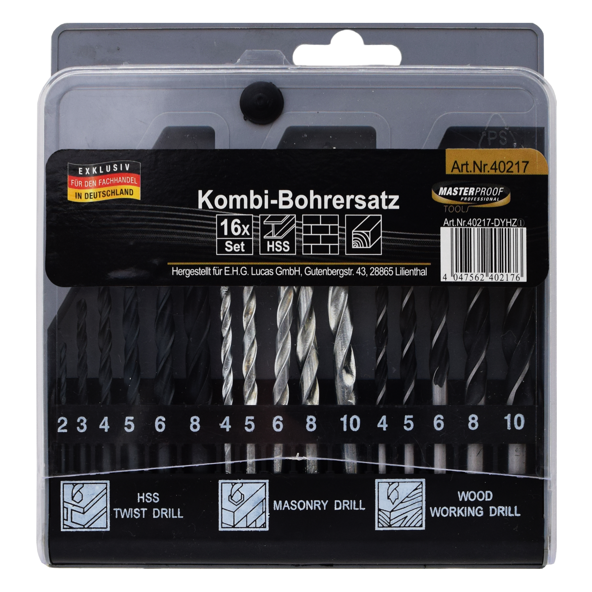 Kombi-Bohrer-Satz - 16-teilig - für Stein, Holz & Metall