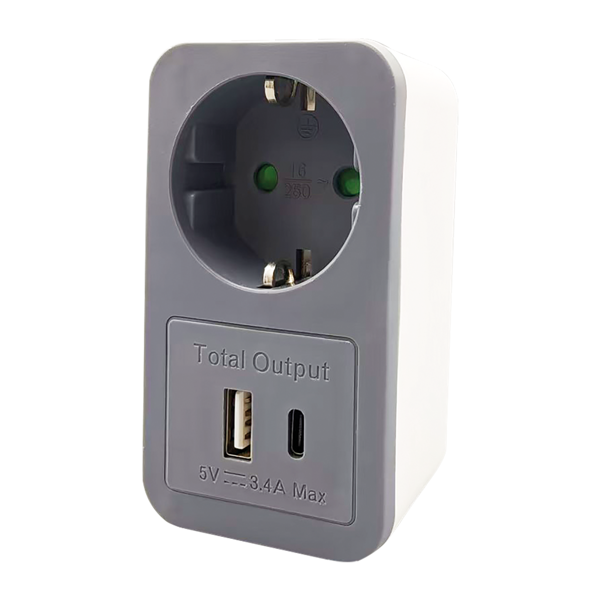 Steckdosenadapter - mit zusätzlicher USB A & USB Type-C Buchse - 3400 mA - max 16A - weiß/grau