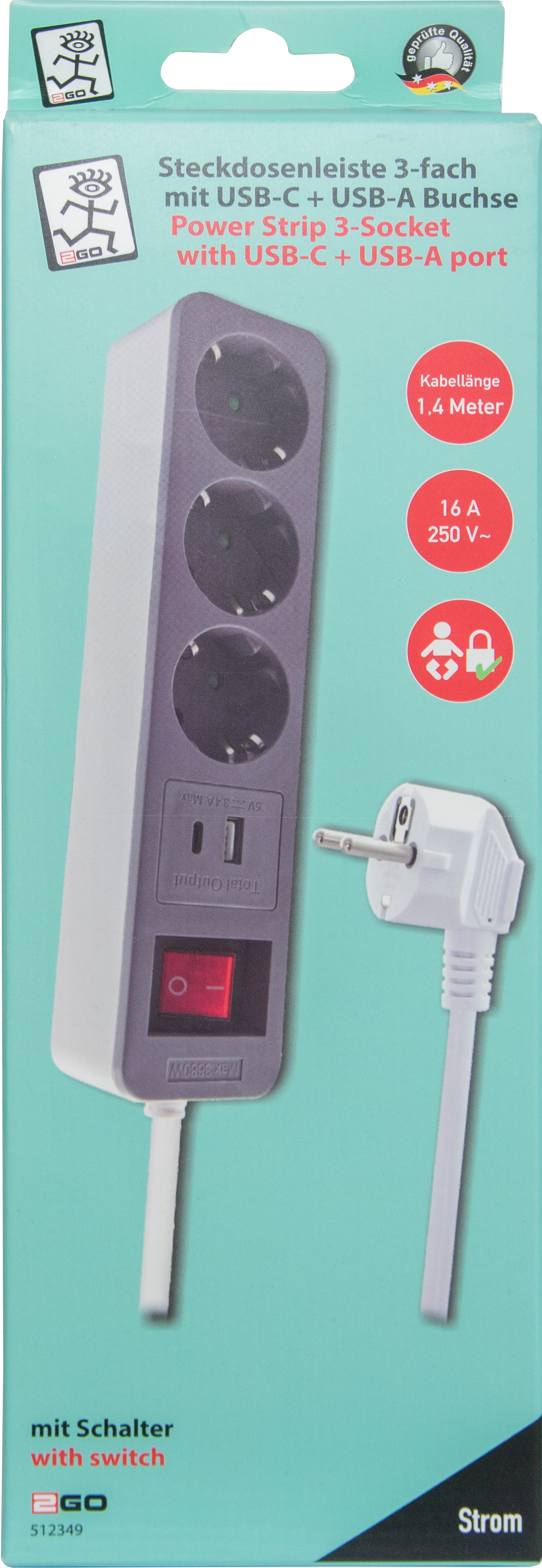 Steckdosenleiste 3-fach mit beleuchtetem Schalter - zusätzliche USB A & USB Type-C Buchse - 3400 mA - 16A - 3680W - 140cm - weiß/grau