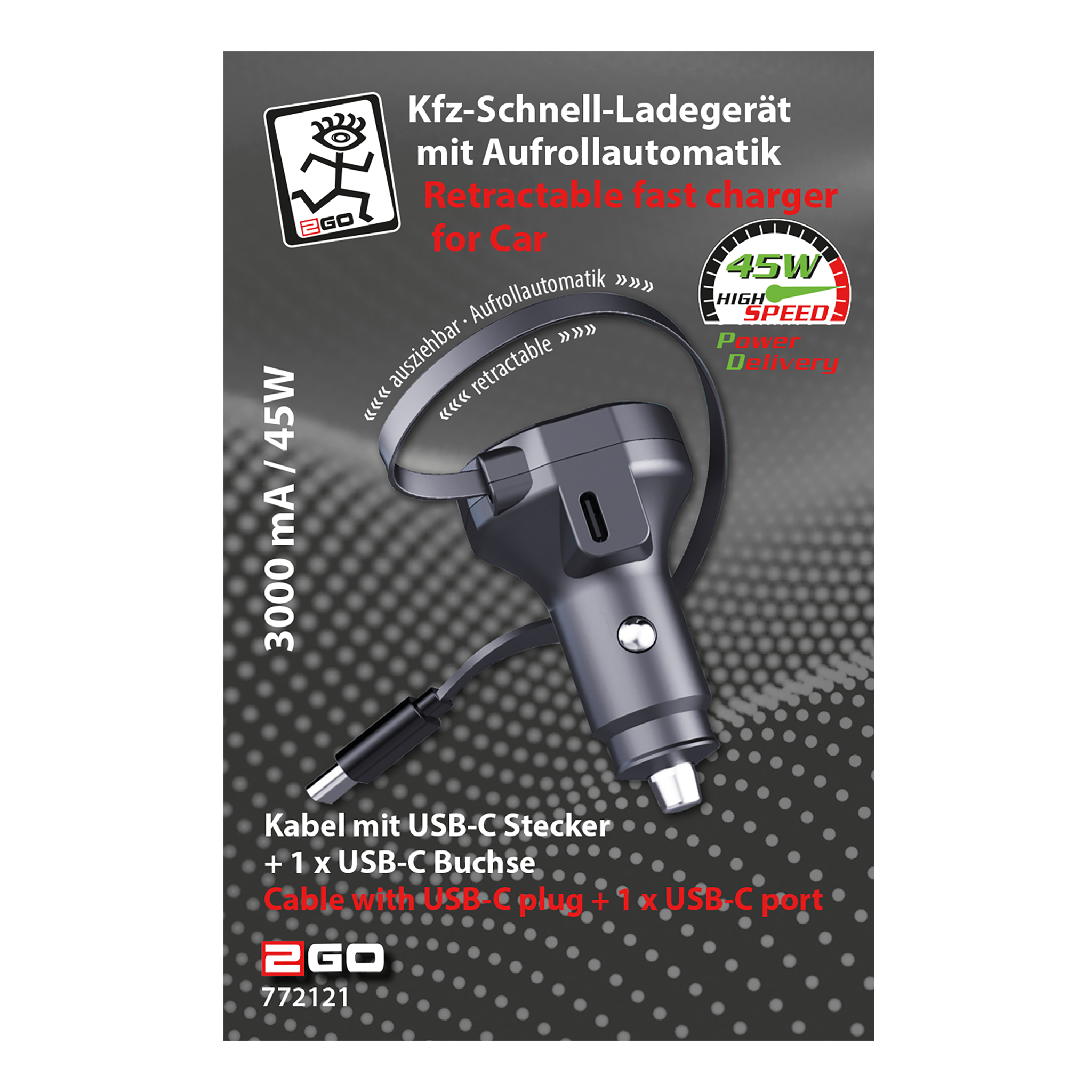 Kfz-Schnell-Ladegerät 12V / 24V - mit Aufrollautomatik - USB Type-C - 3000mA / 45W - anthrazit