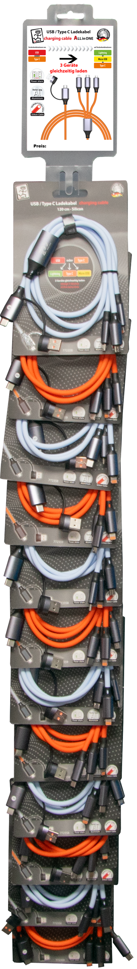 Ready2Sell Strip - USB A / USB Type-C Multi-Ladekabel - Silikon - hell blau & orange - 12 Stück