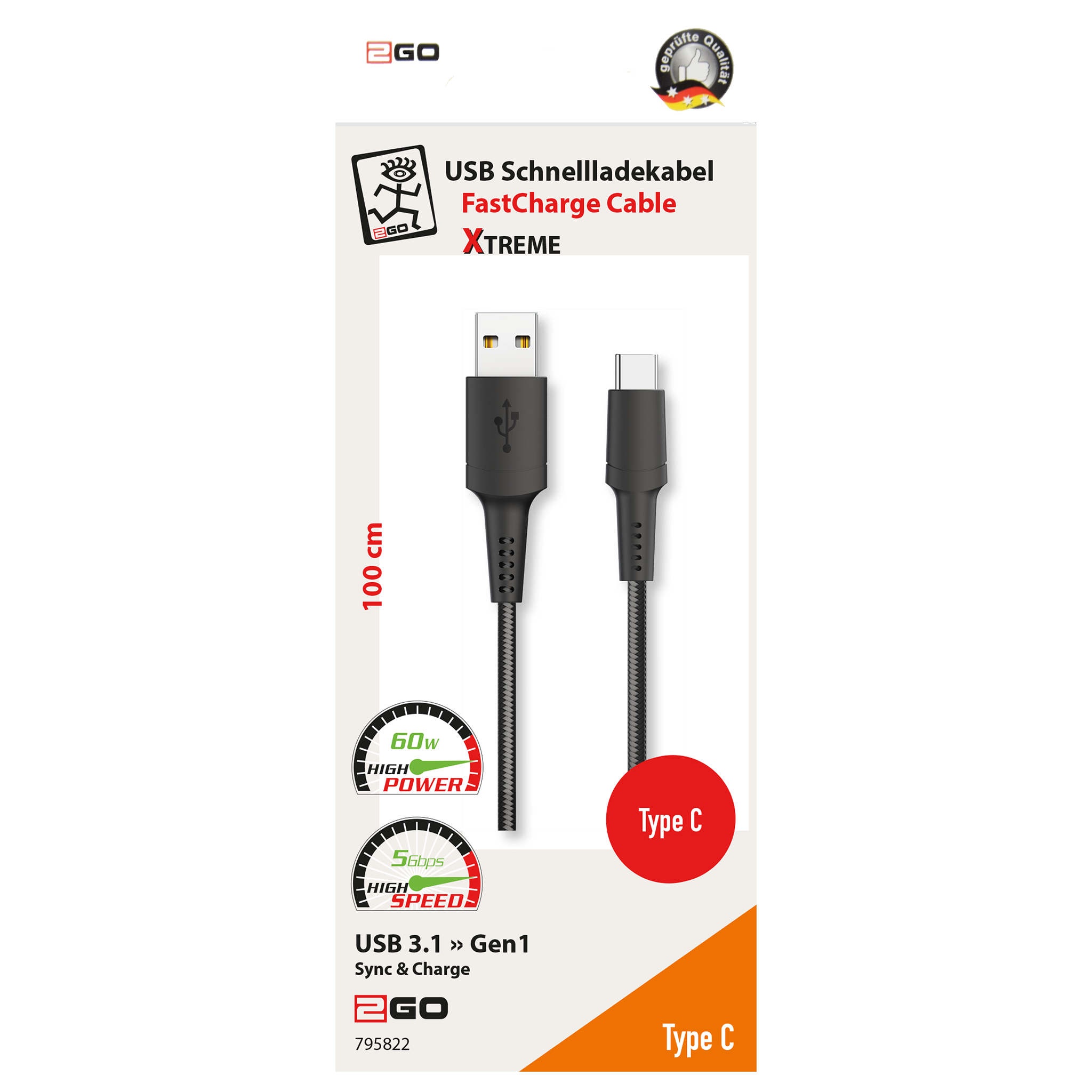USB Datenkabel Xtreme - USB A auf USB Type-C - 100 cm - grau - Verpackung