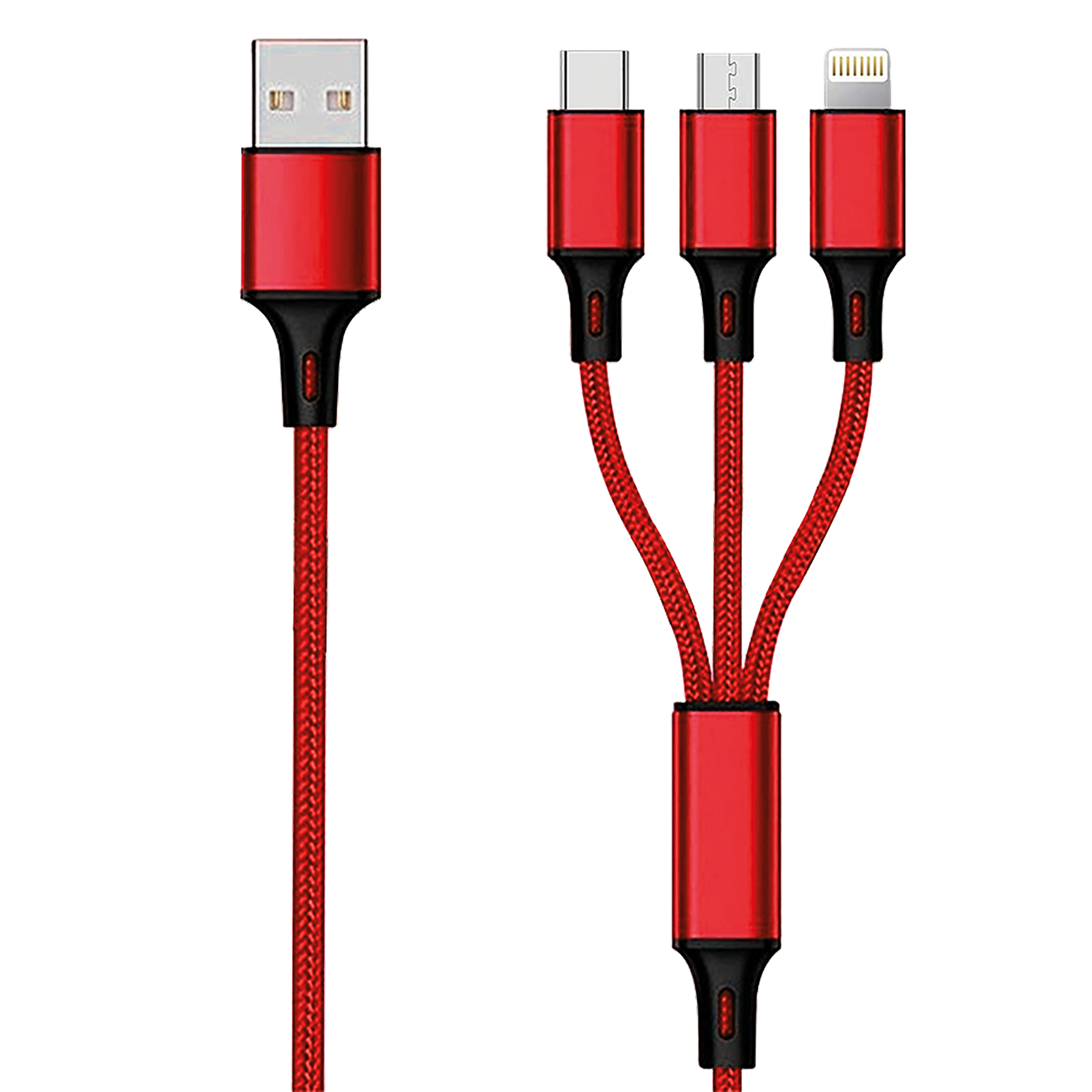 USB 3 in 1 Ladekabel USB A auf Micro-USB, Lightning und USB Type-C - 150 cm - rot