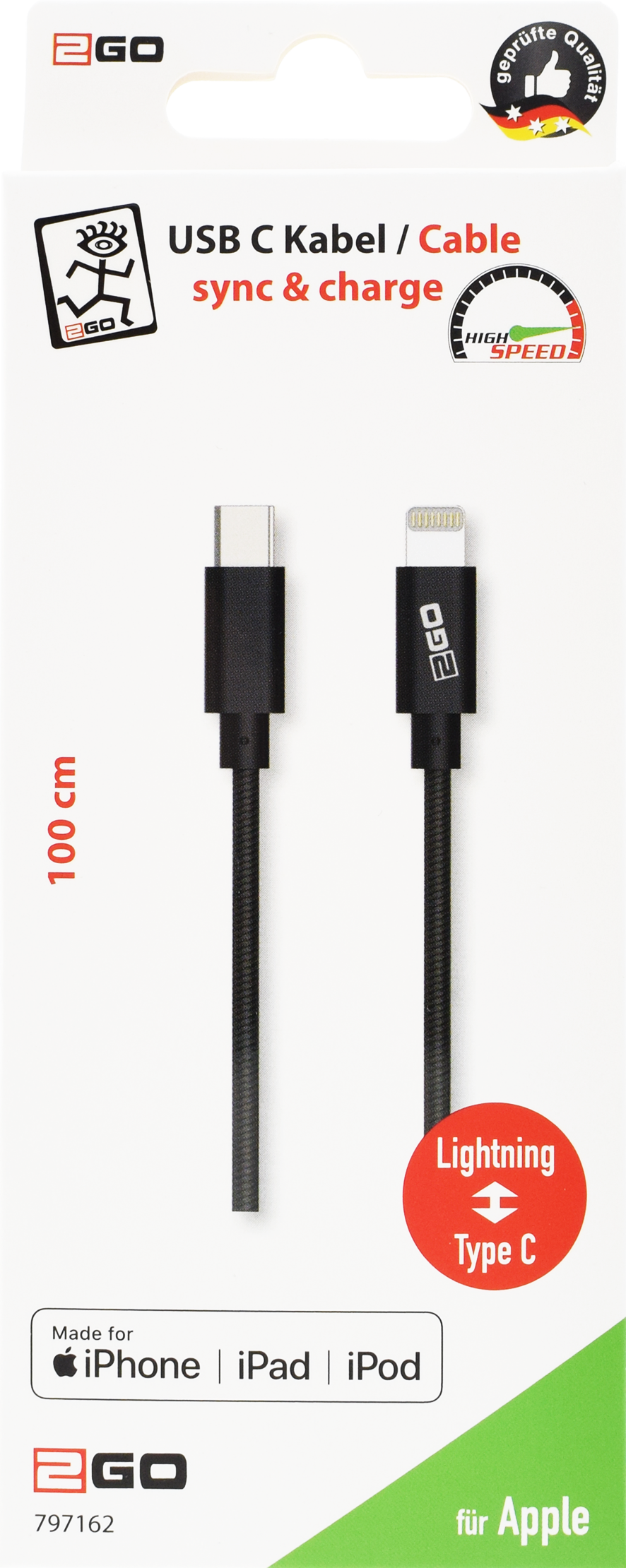 USB Datenkabel - MFI zertifiziert - USB Type-C <-> Apple 8-Pin - 100 cm - anthrazit