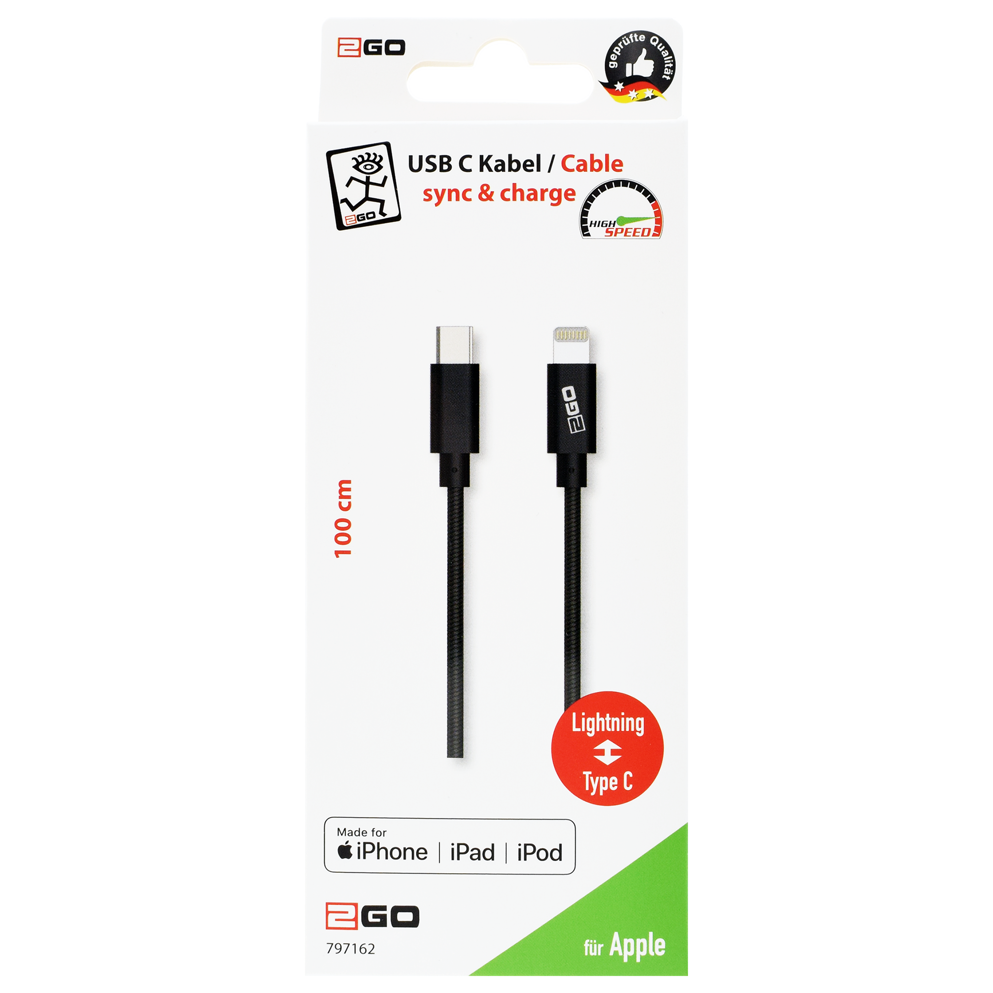 USB Datenkabel - MFI - USB Type-C auf Lightning - 100 cm - grau - Verpackung