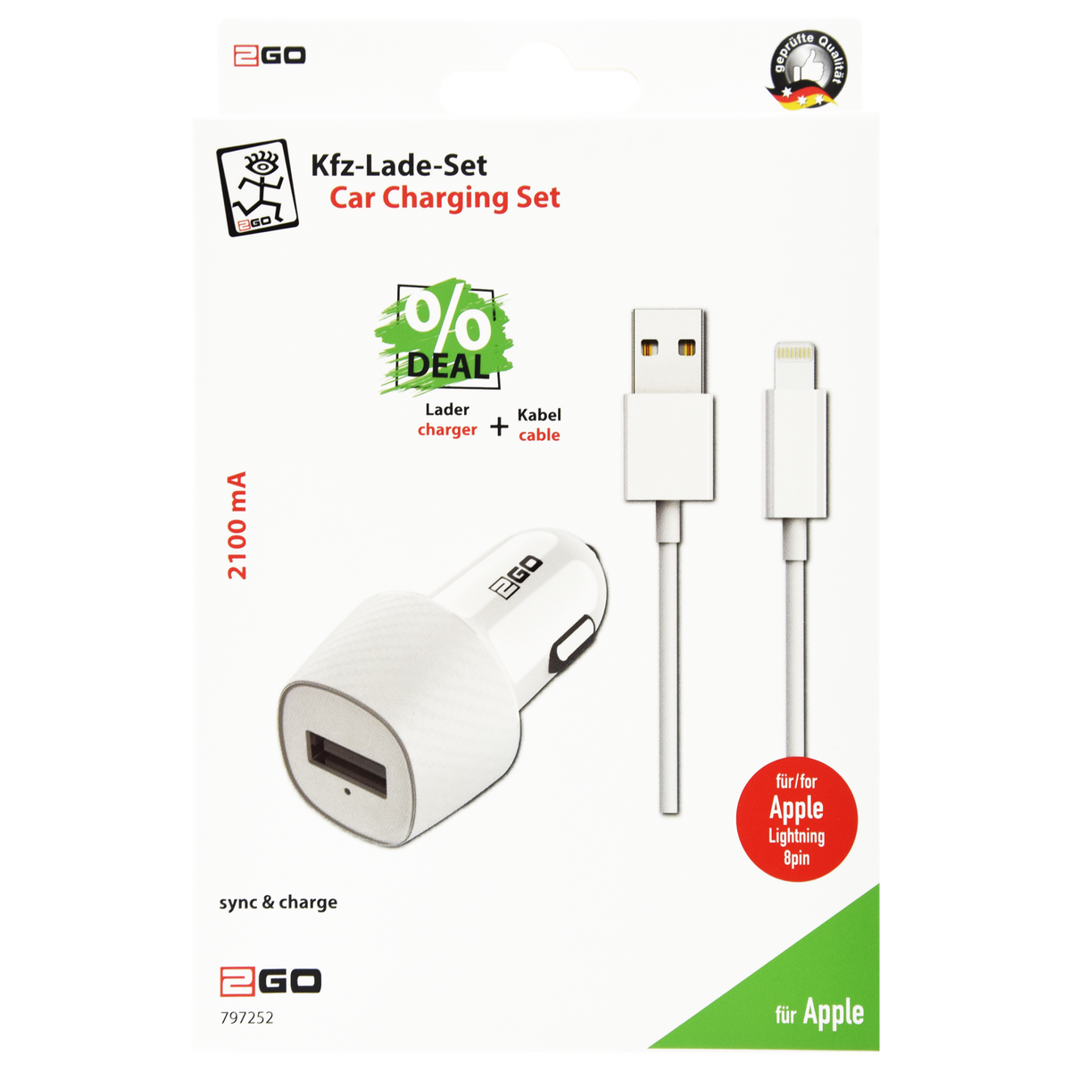Kfz-Ladeset 12 V / 24 V - 2-teilig - Lightning Kabel - 10 W - 2100 mA - weiß