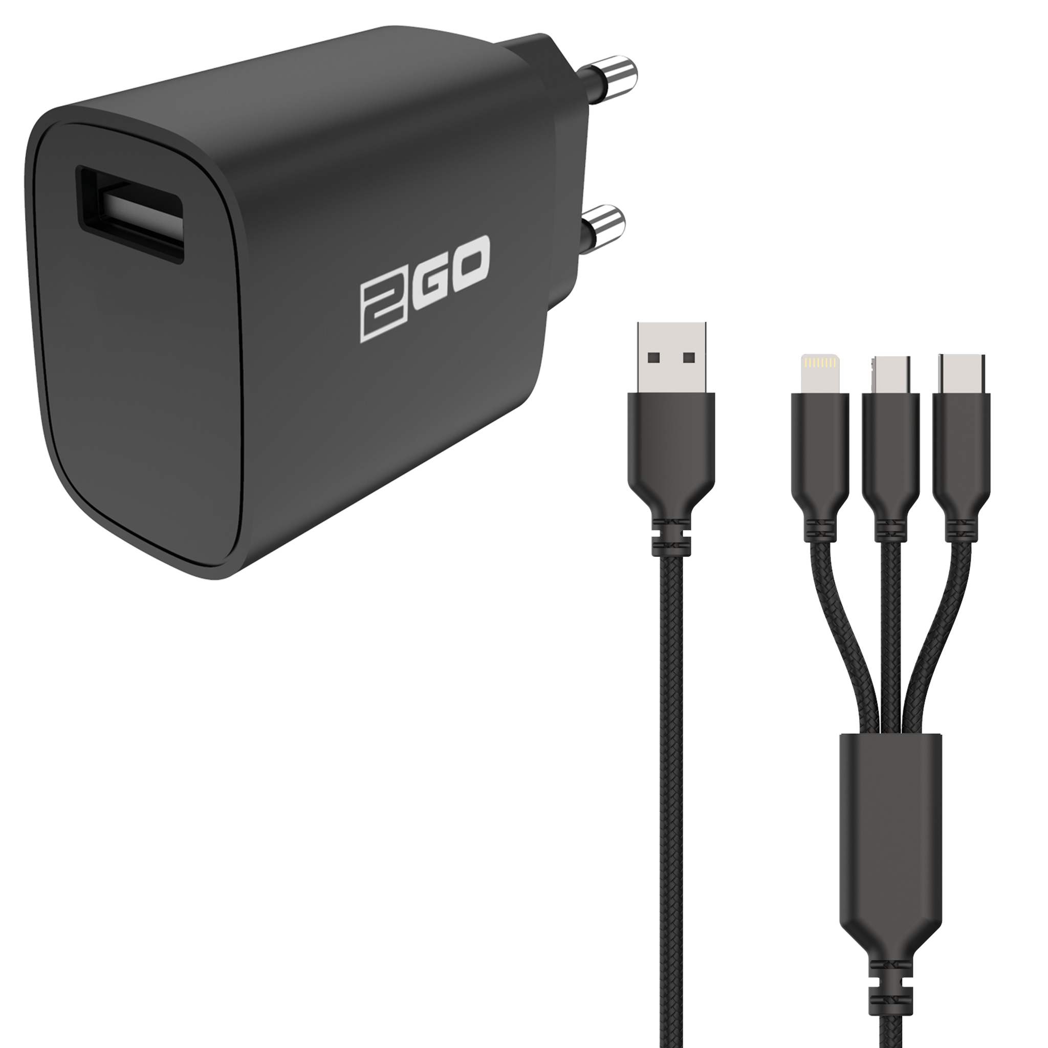 Universal USB Netzladeset mit 3 in 1 Kabel für Micro-USB, Lightning und USB Type-C - 3000 mA - schwarz