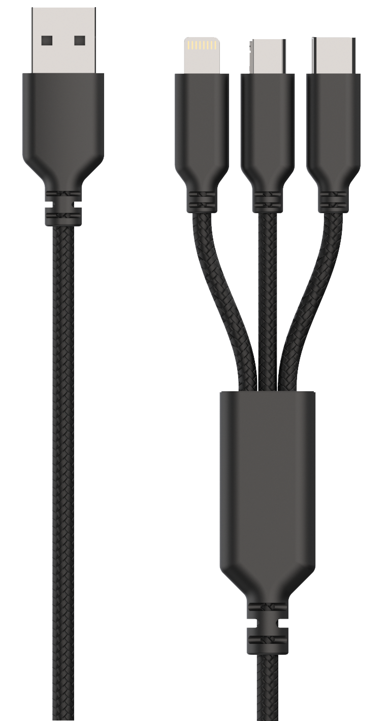 Universal Netz-Ladeset / (2-teilig) / 3 in 1 Kabel / 1 x USB A / 15 W / 3000 mA / schwarz