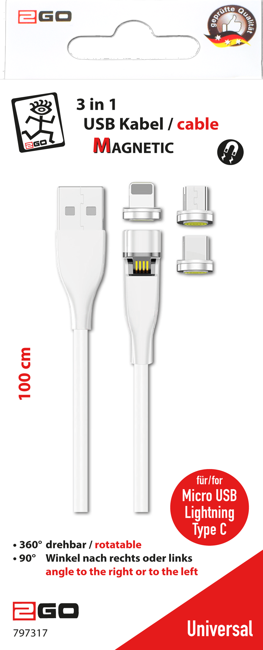 3 in 1 USB Ladekabel mit magnetischen Steckern - USB A <-> Micro-USB / Apple 8-Pin (Lightning) / USB Type-C - 100 cm - weiß