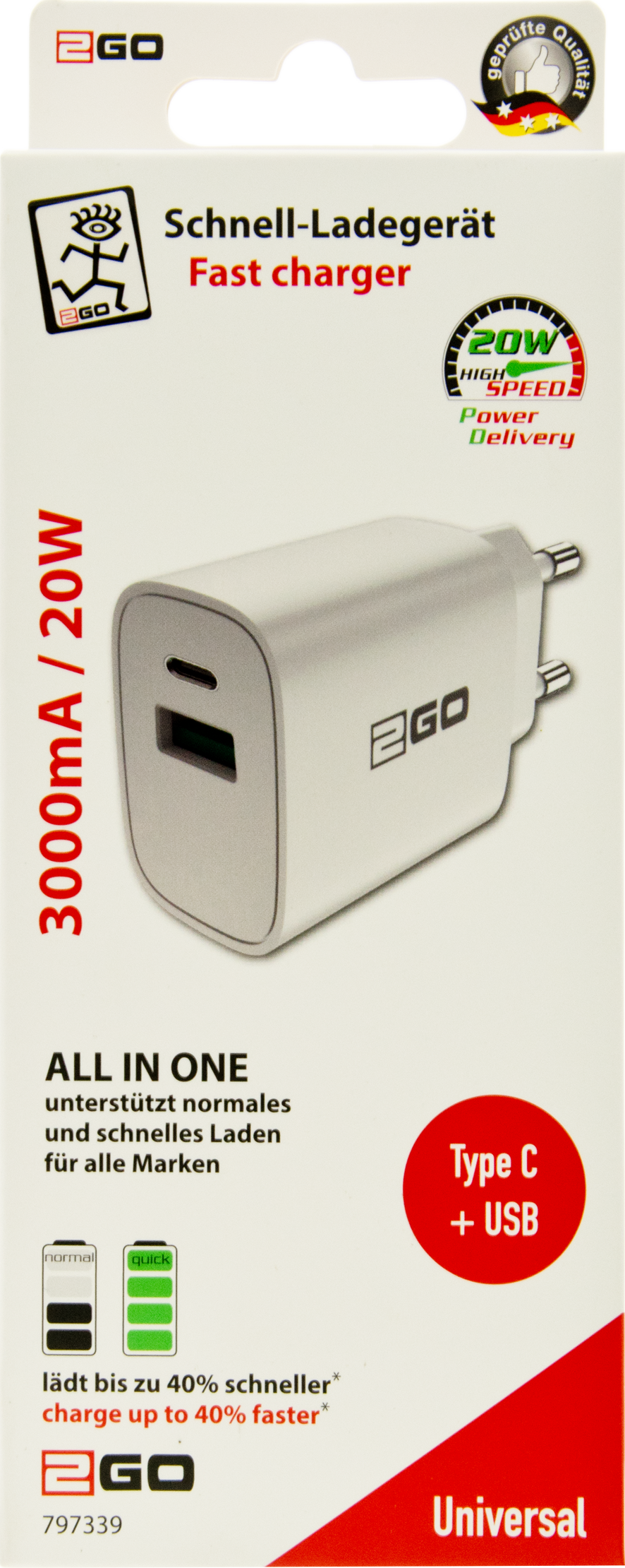 Netz-Ladegerät - Power Delivery & FastCharge - 1 x USB A & 1 x USB Type-C - 20 W - 3000 mA - schwarz