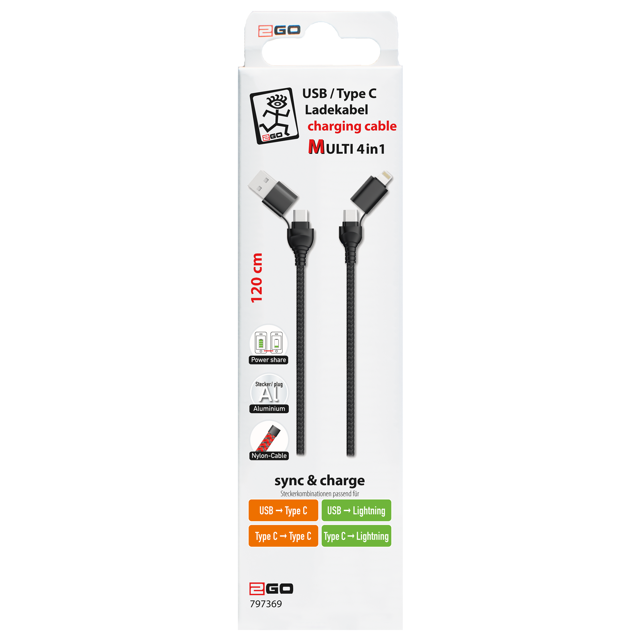 4 in 1 USB A / USB Type-C Ladekabel für Lightning & USB Type-C - schwarz - 120 cm - Verpackung