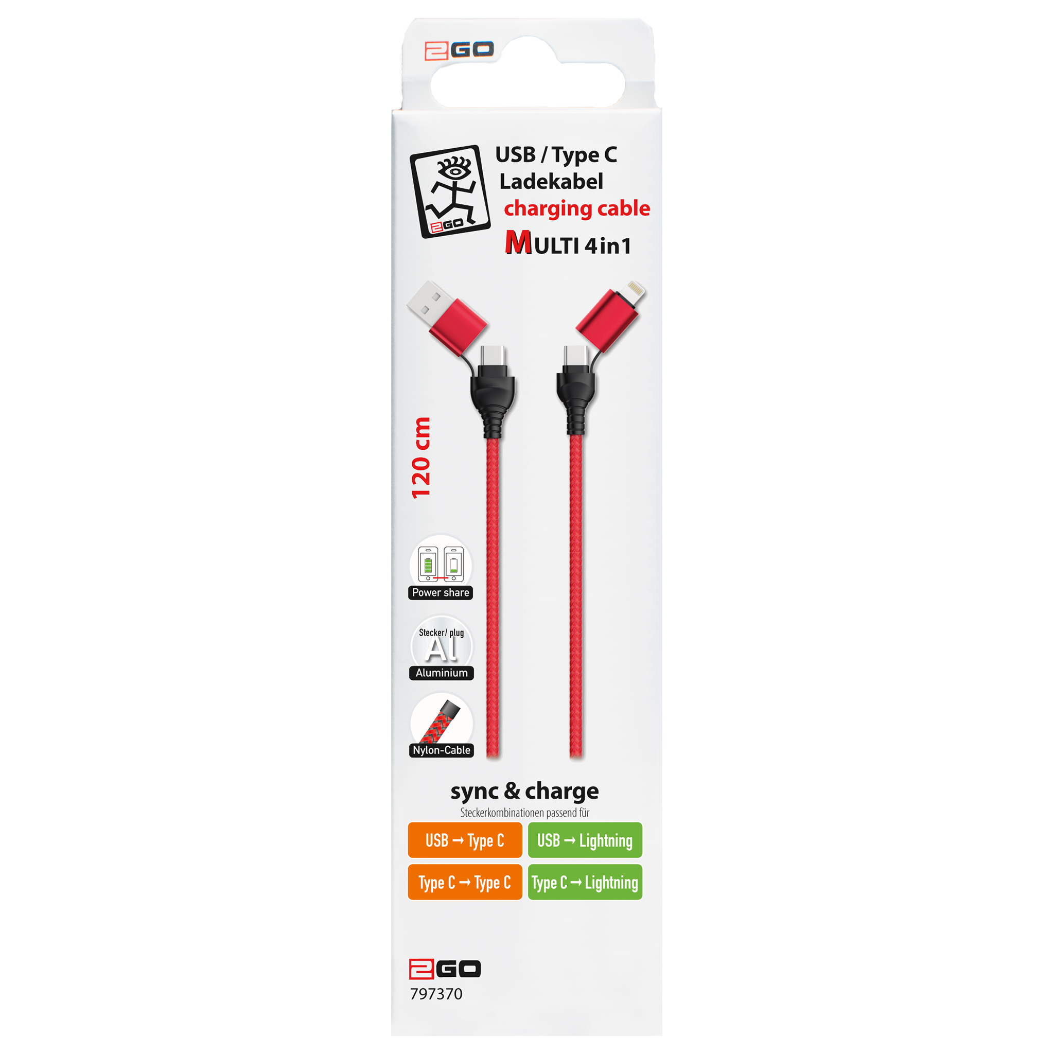 4 in 1 USB A / USB Type-C Ladekabel für Lightning & USB Type-C - rot - 120 cm - Verpackung