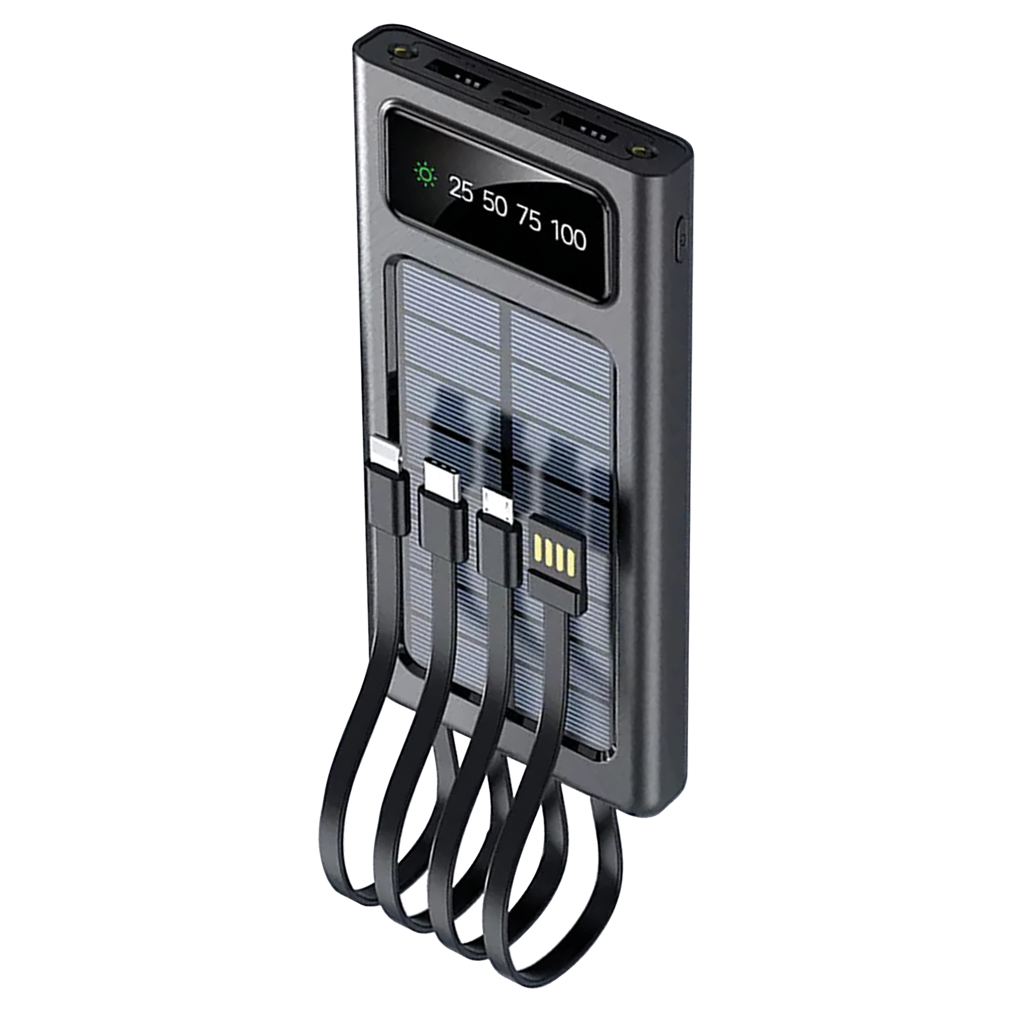 Powerbank 10000 mAh - integrierte Kabel - Solarpanel - Display - Flashlight - 2 x USB A