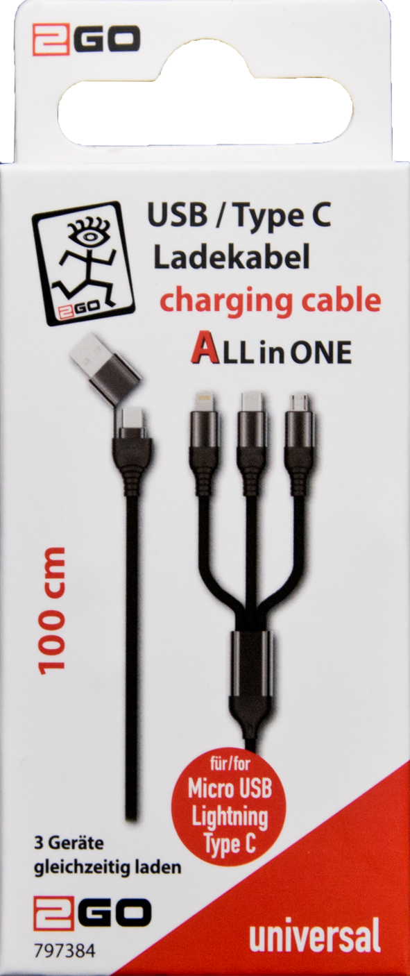 All in One USB Ladekabel - USB A / USB Type-C <-> Micro-USB / Apple 8-Pin (Lightning) / USB Type-C - 100 cm - schwarz