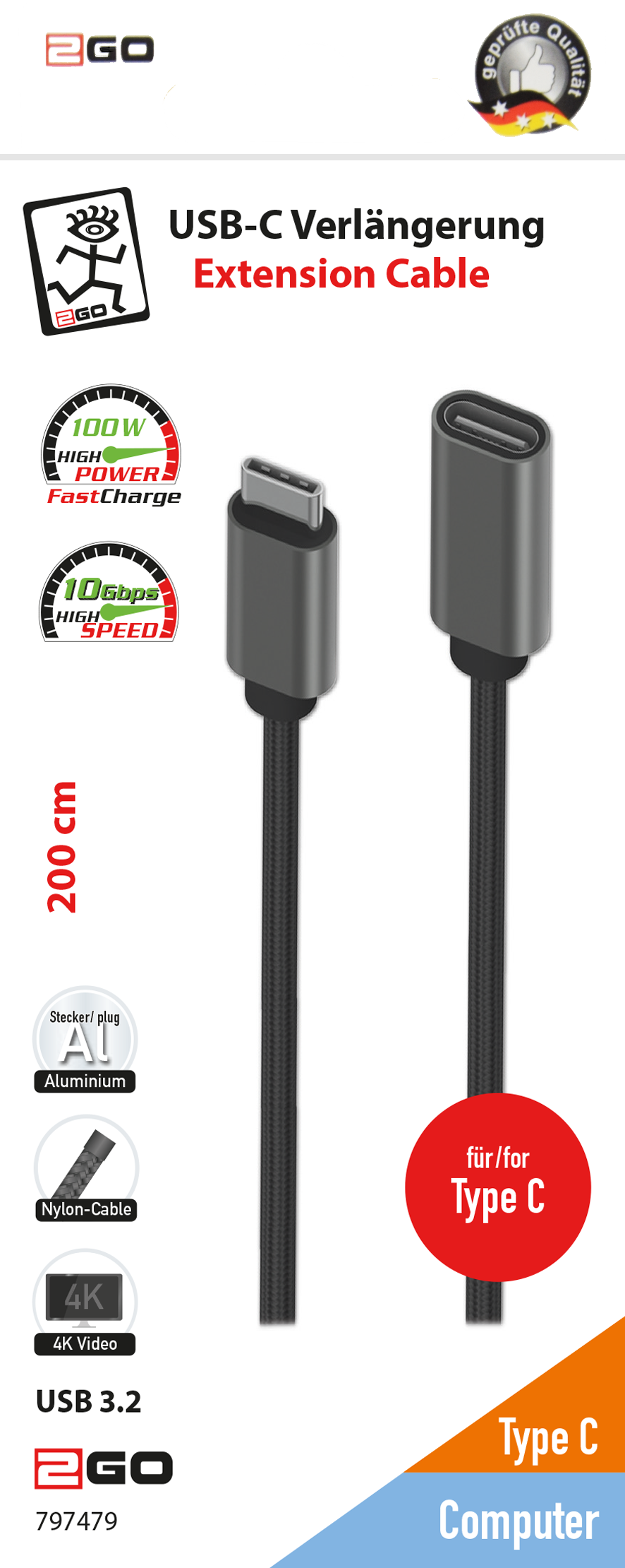 Verlängerung - USB Type-C Stecker <-> USB Type-C Buchse - 200 cm - grau