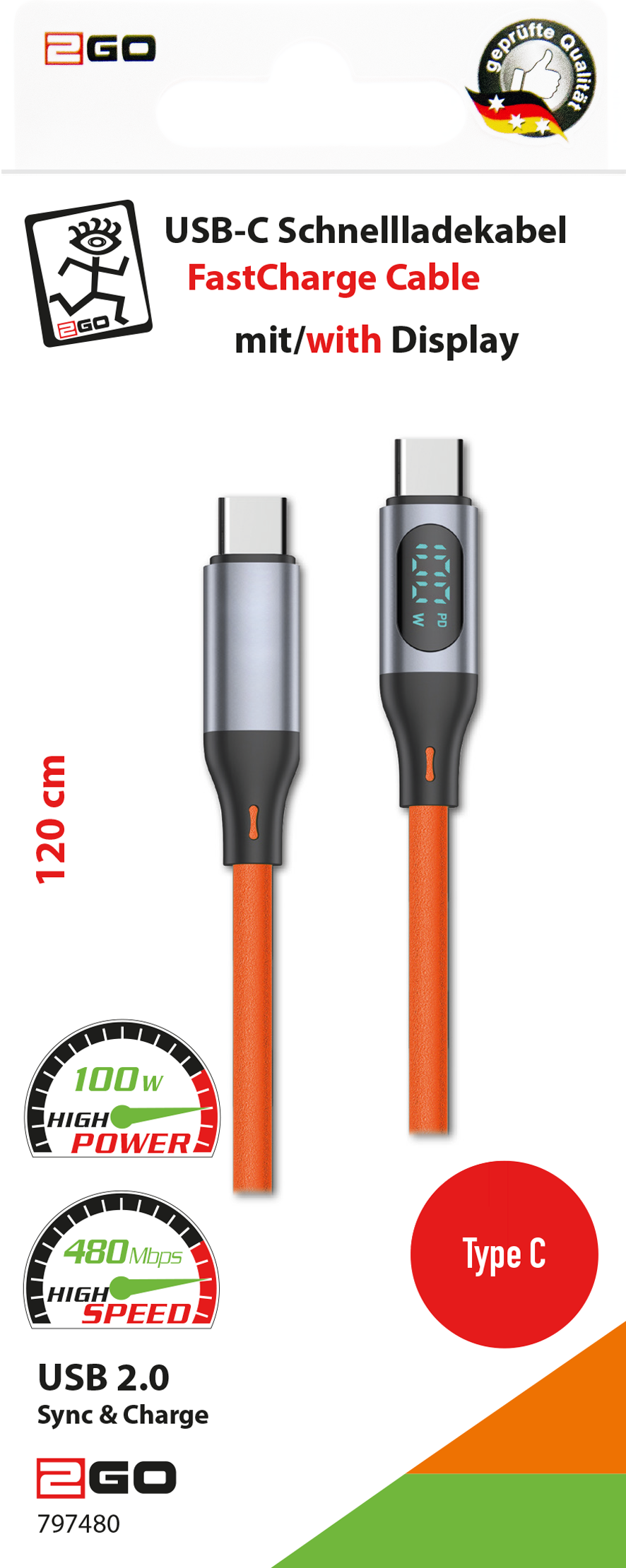 USB Datenkabel - High Speed - USB Type-C <-> USB Type-C - 120 cm - orange