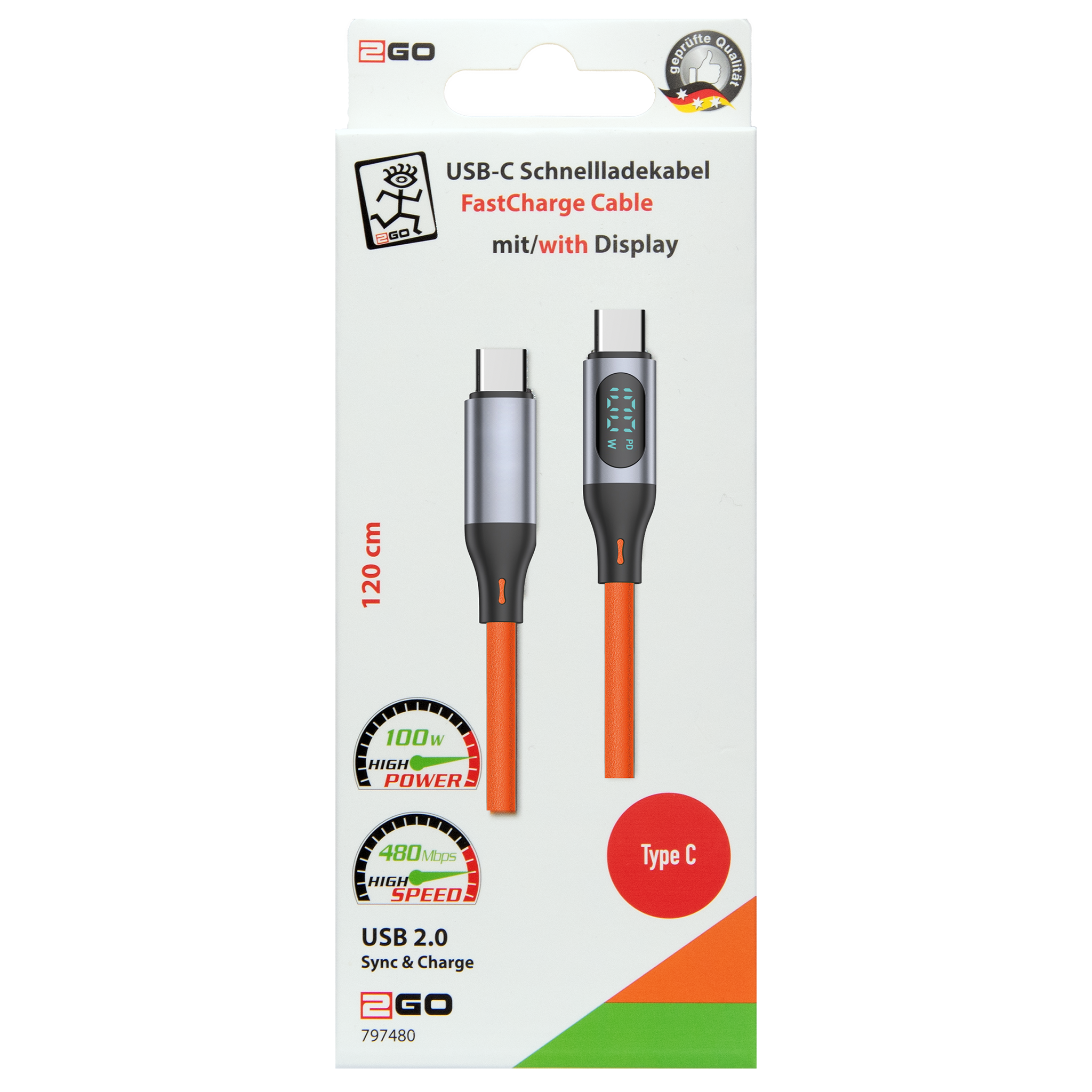 USB Datenkabel mit Display - USB Type-C auf USB Type-C - 120 cm -orange - Verpackung