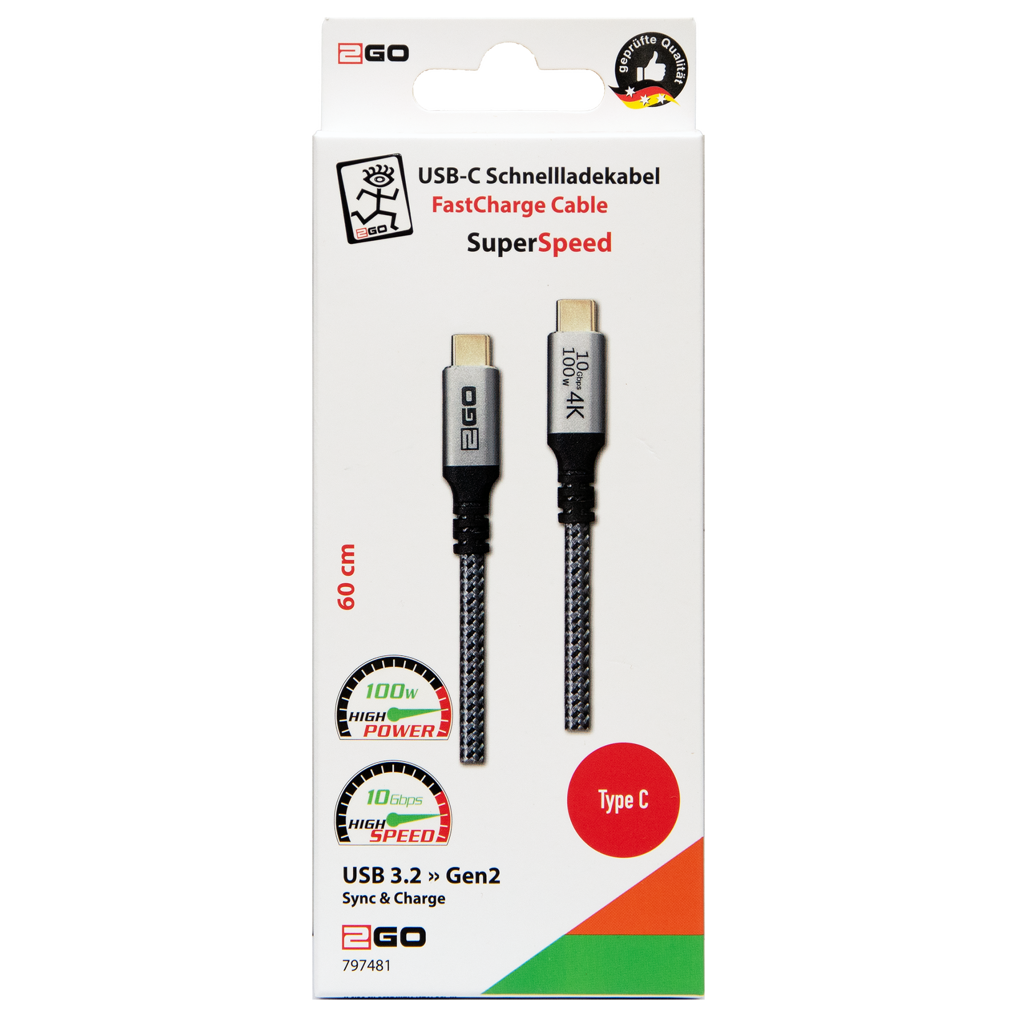 USB Datenkabel - USB Type-C auf USB Type-C - 60 cm - grau - Verpackung