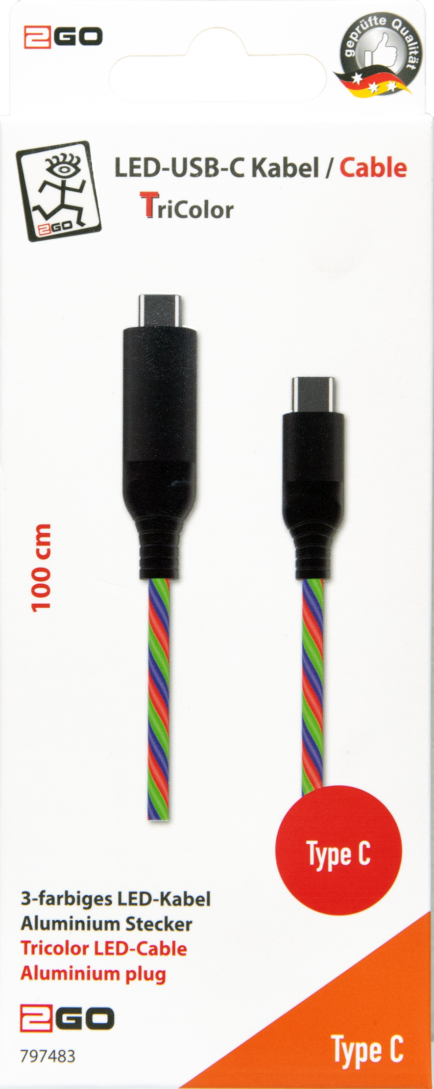 USB Datenkabel "Tricolor" - USB Type-C <-> USB Type-C - 100 cm - mit dreifarbiger LED-Beleuchtung