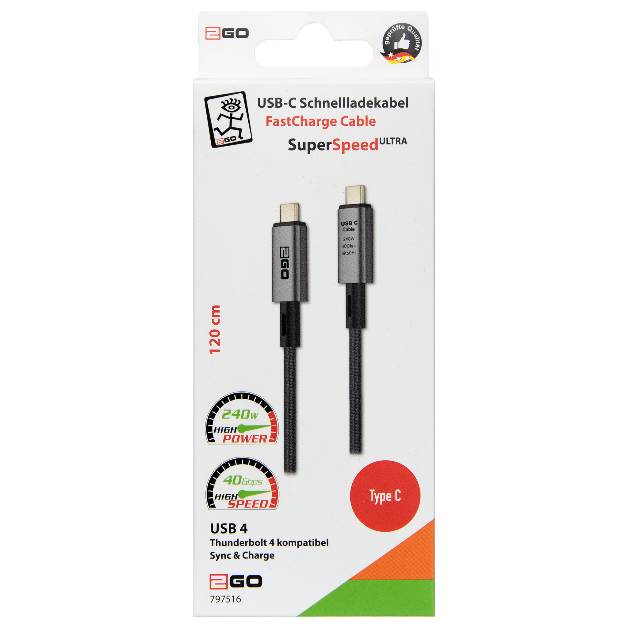 USB Datenkabel - USB Type-C auf USB Type-C - 120 cm - grau - Verpackung