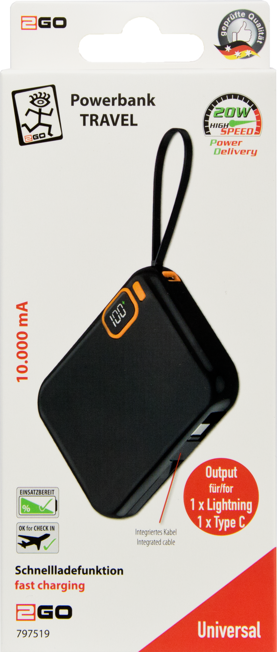 Powerbank Travel 10000 mA - 1 x USB Type-C - 1 x Lightning