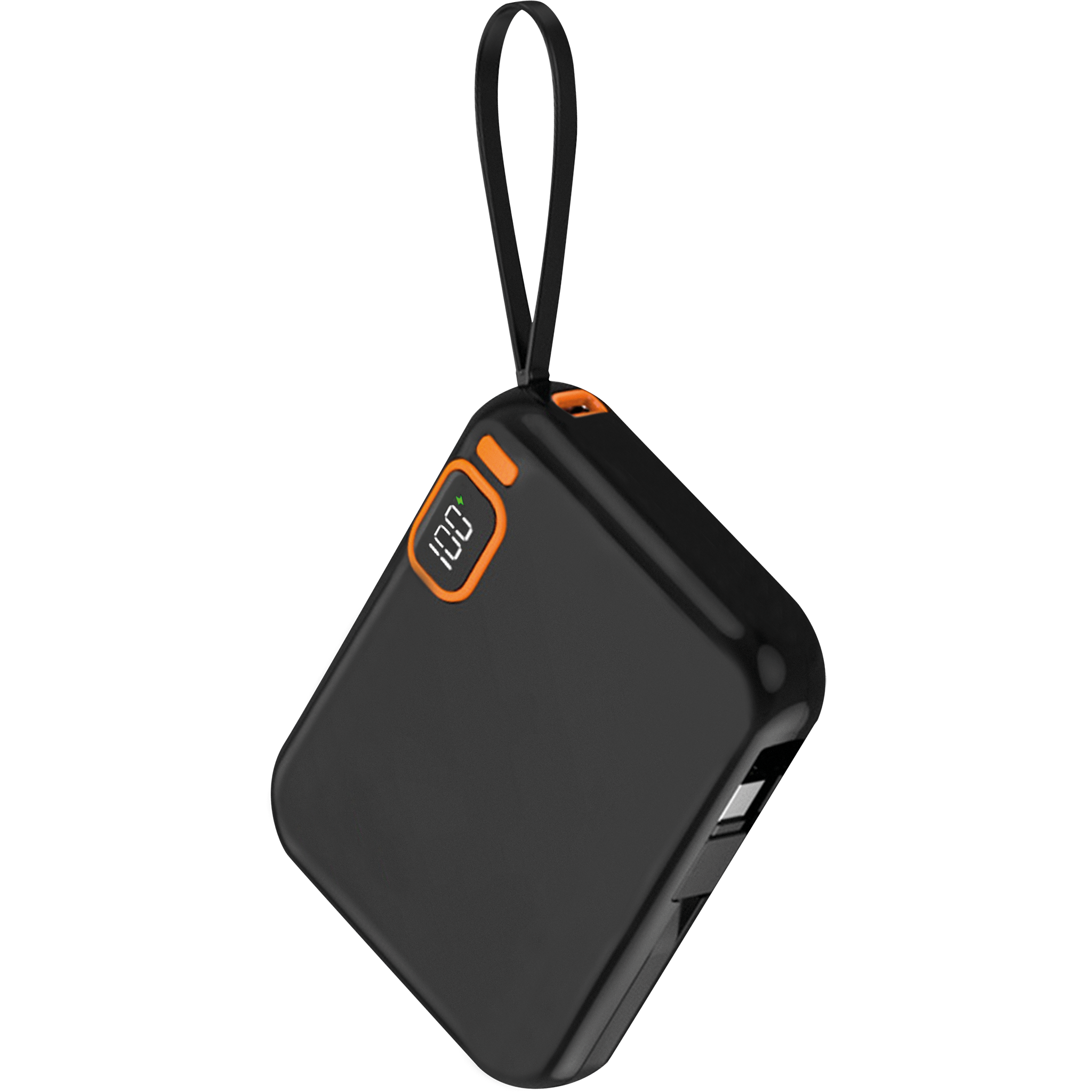 Powerbank - 10000 mAh - 1 x USB A -integrierte Kabel für Lightning und USB Type-C - Digitaldisplay - Handschlaufe - schwarz / orange