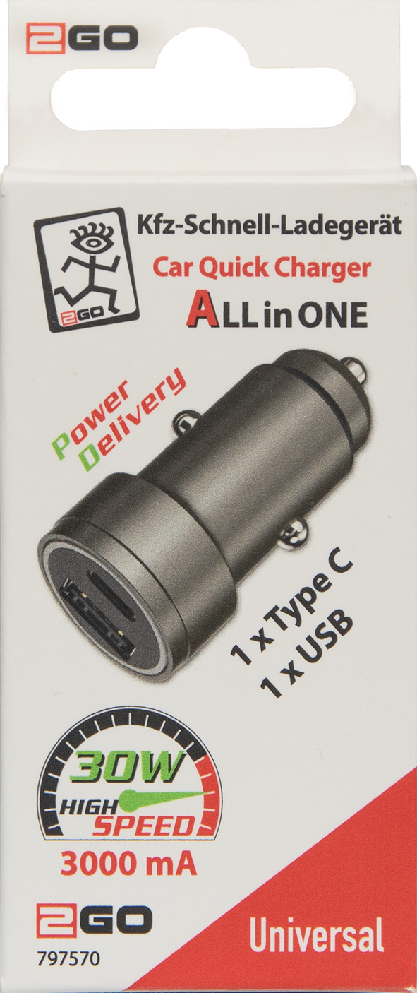 Kfz-Ladegerät / Power Delivery / 1 x USB A & 1 x USB Type-C / 30 W / 3000 mA / anthrazit