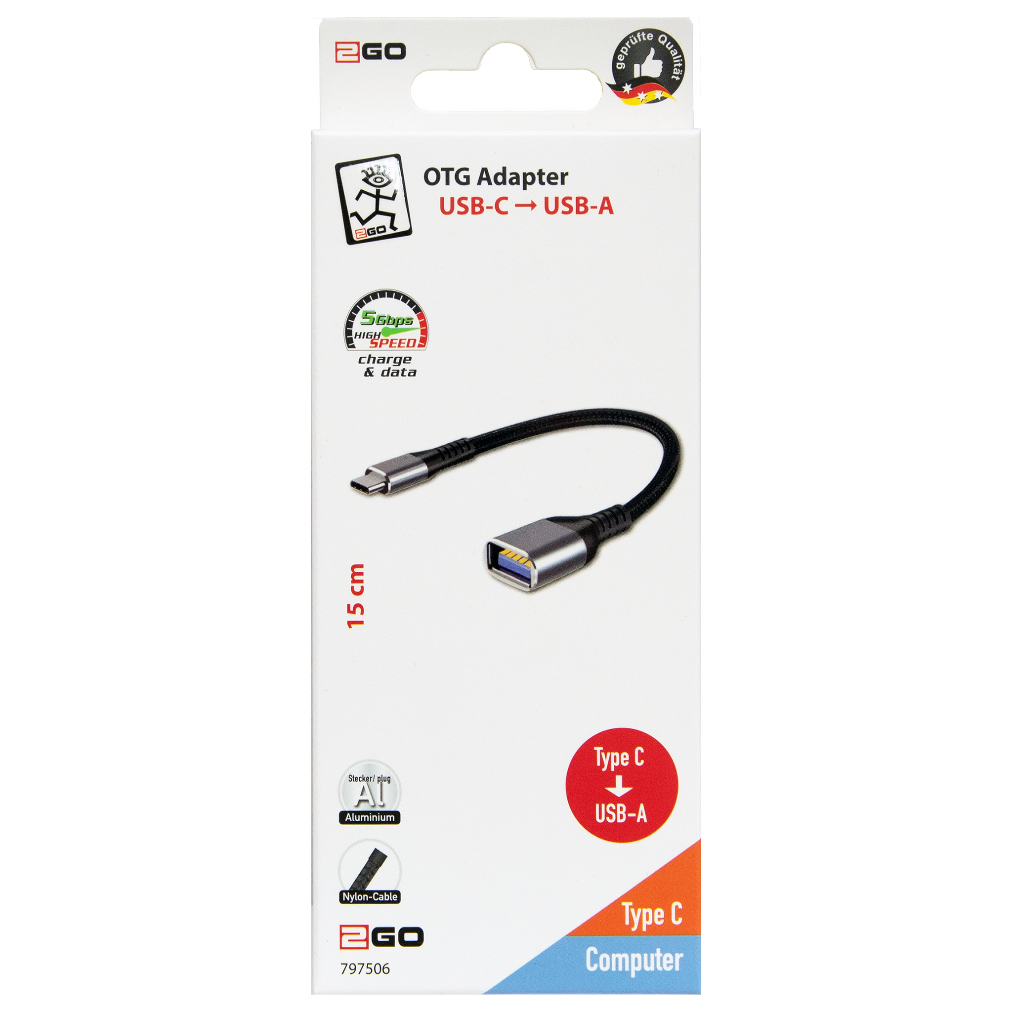 OTG Adapter - USB Type-C auf USB A - USB 3.0 - Nylonmantel - Aluminiumstecker - silber