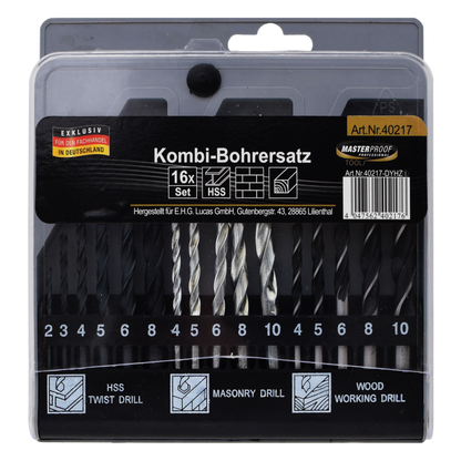 Kombi-Bohrer-Satz - 16-teilig - für Stein, Holz & Metall