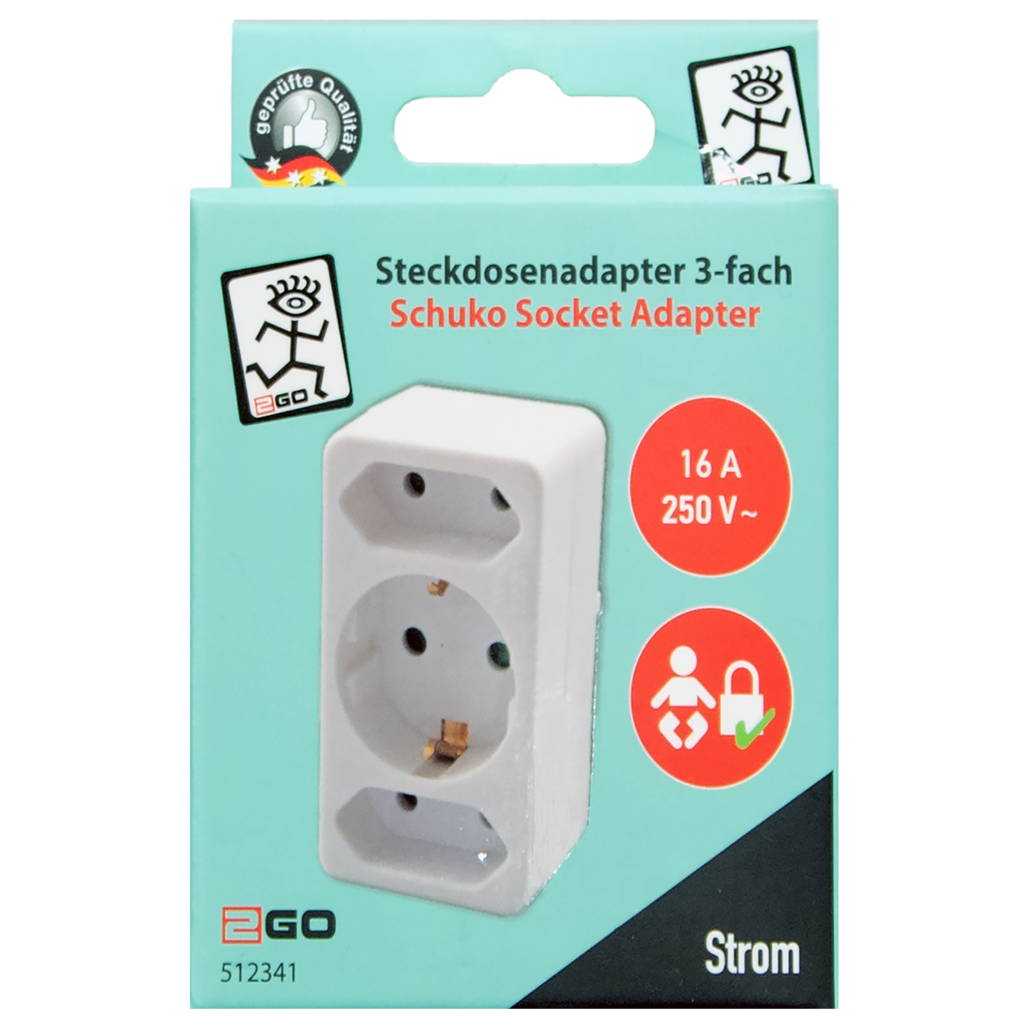 Steckdosenadapter - Schukostecker auf 1x Schukobuchse und 2x Eurobuchse - weiß - Verpackung