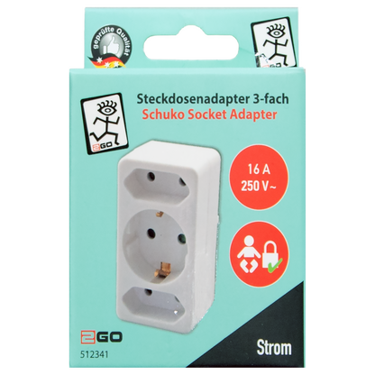 Steckdosenadapter - Schukostecker auf 1x Schukobuchse und 2x Eurobuchse - weiß - Verpackung