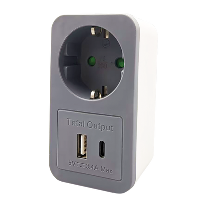 Steckdosenadapter - mit zusätzlicher USB A & USB Type-C Buchse - 3400 mA - max 16A - weiß/grau