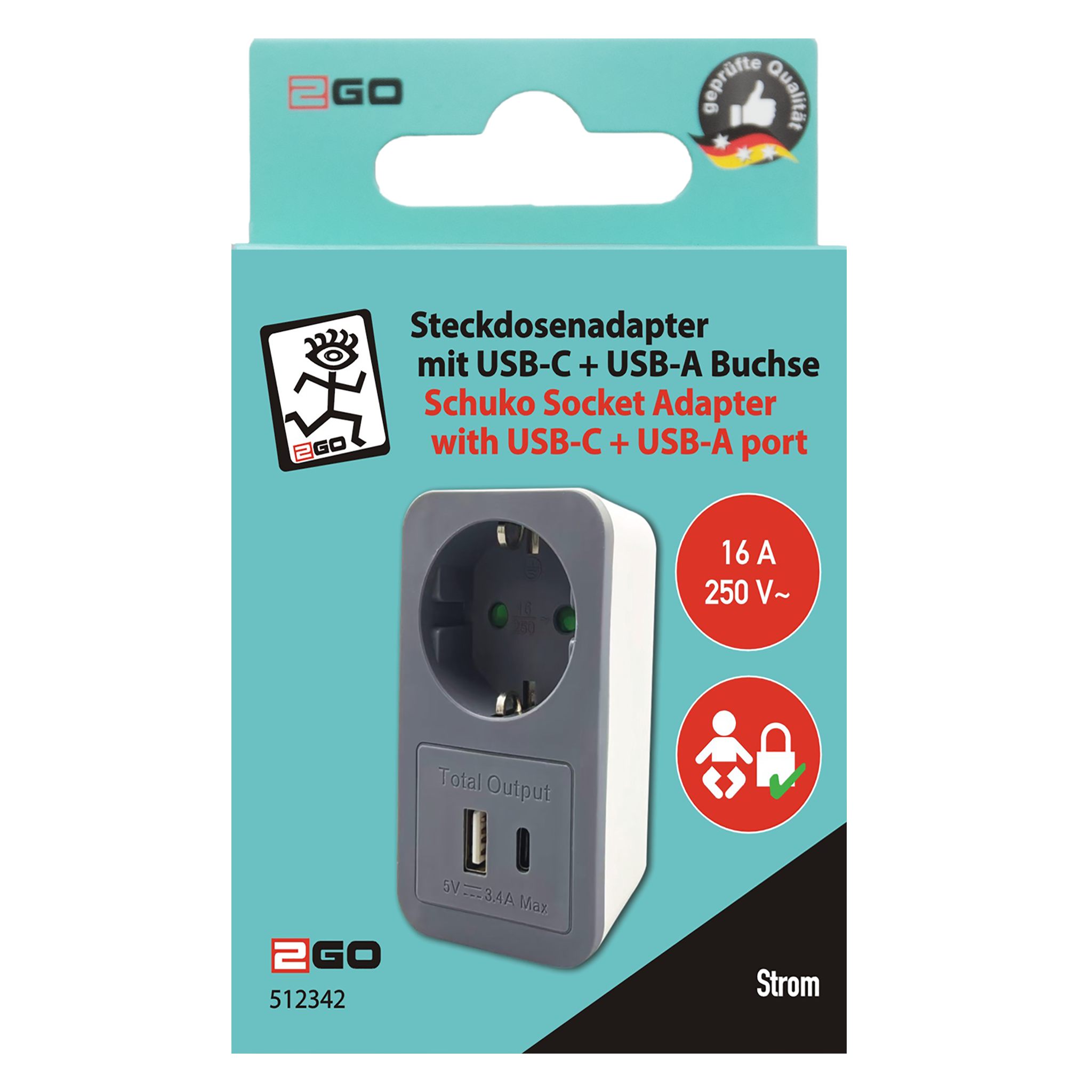 Steckdosenadapter - mit zusätzlicher USB A & USB Type-C Buchse - 3400 mA - max 16A - weiß/grau