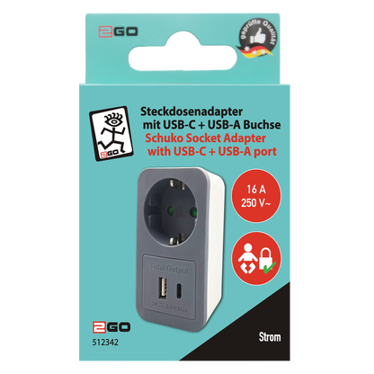 Steckdosenadapter - mit zusätzlicher USB A & USB Type-C Buchse - 3400 mA - max 16A - weiß/grau