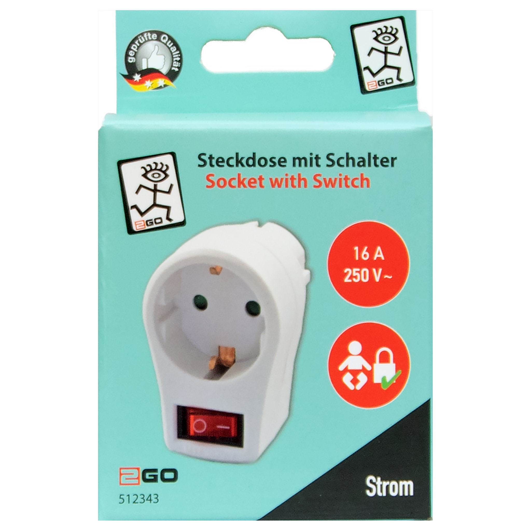 Schuko-Zwischensteckdose - beleuchteter Schalter - 16A - weiß - Verpackung