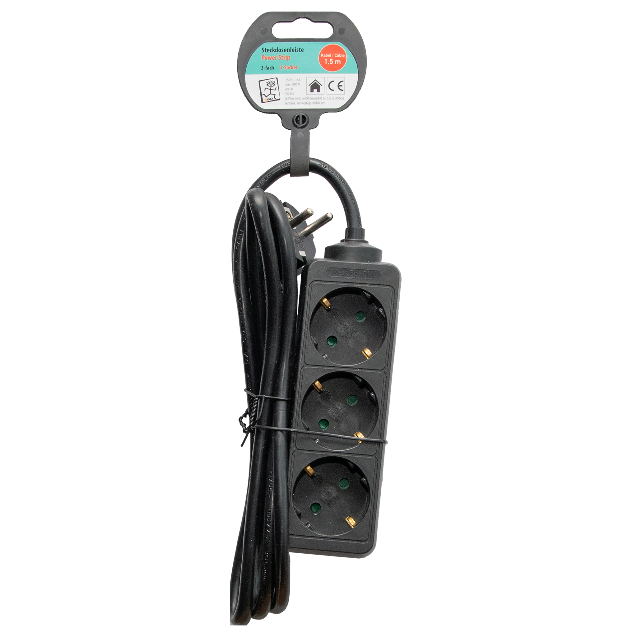 Steckdosenleiste 3-fach - 16A - 3680W - 150 cm - schwarz - Verpackung