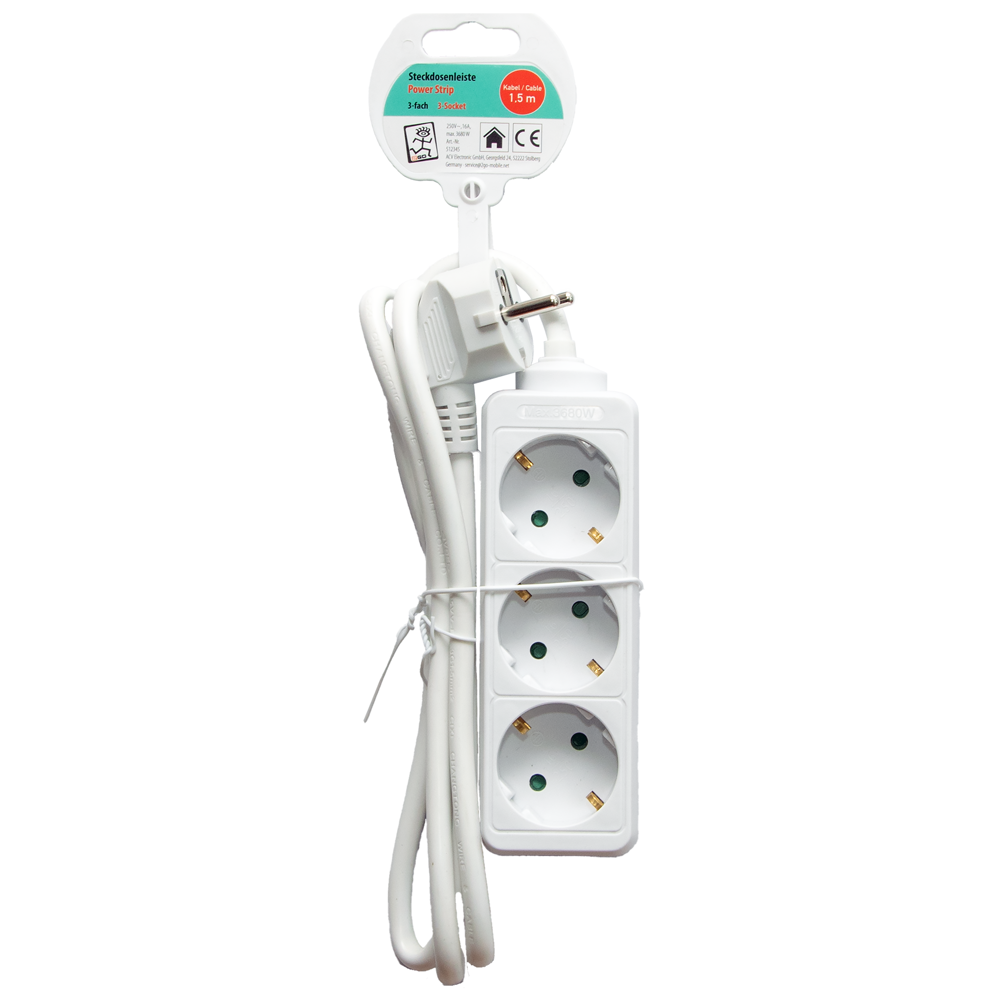 Steckdosenleiste 3-fach - 16A - 3680W - 150 cm - weiß - Verpackung