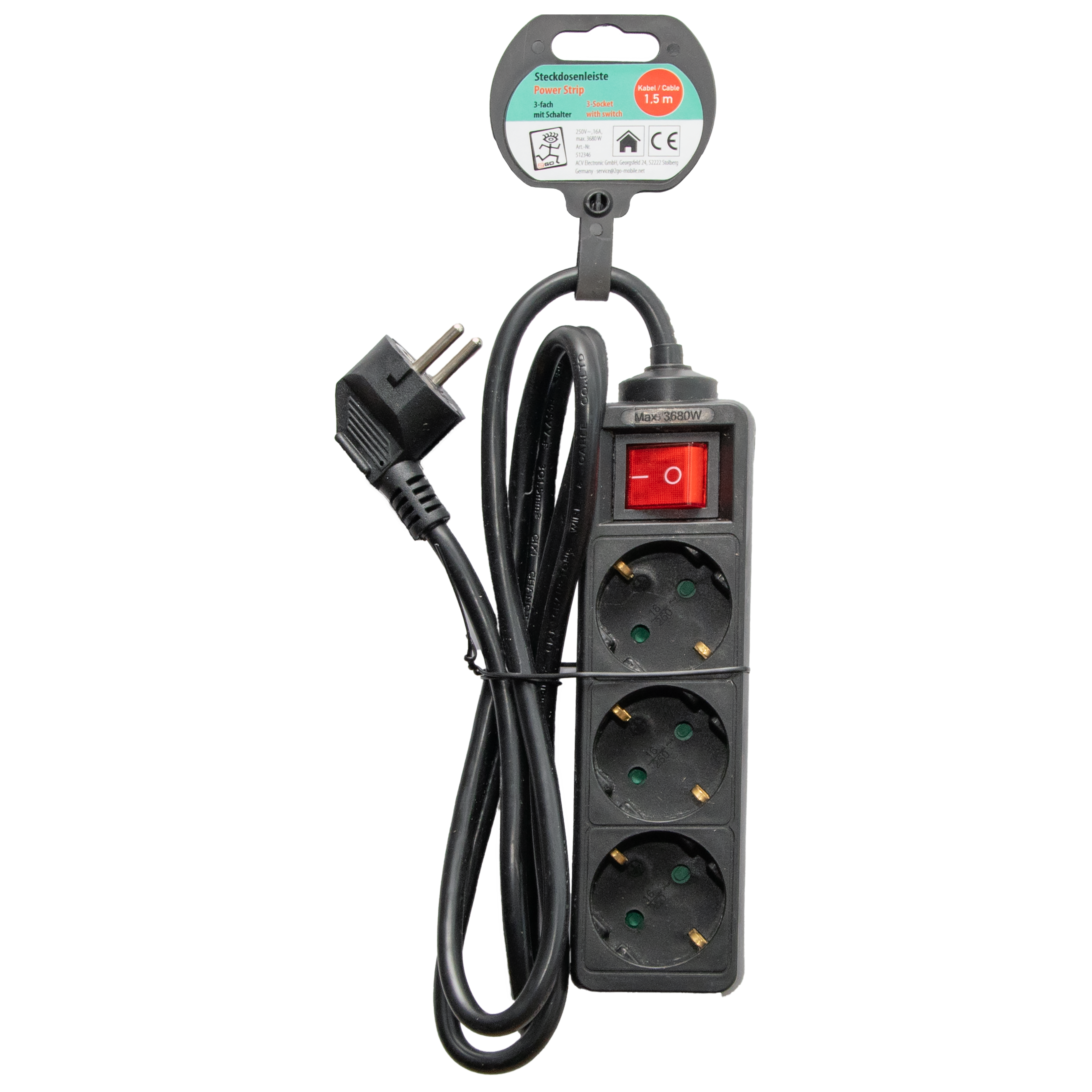 Steckdosenleiste 3-fach mit beleuchtetem Schalter - 16A - 3680W - 150cm - schwarz - Verpackung