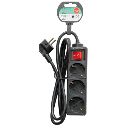 Steckdosenleiste 3-fach mit beleuchtetem Schalter - 16A - 3680W - 150cm - schwarz - Verpackung