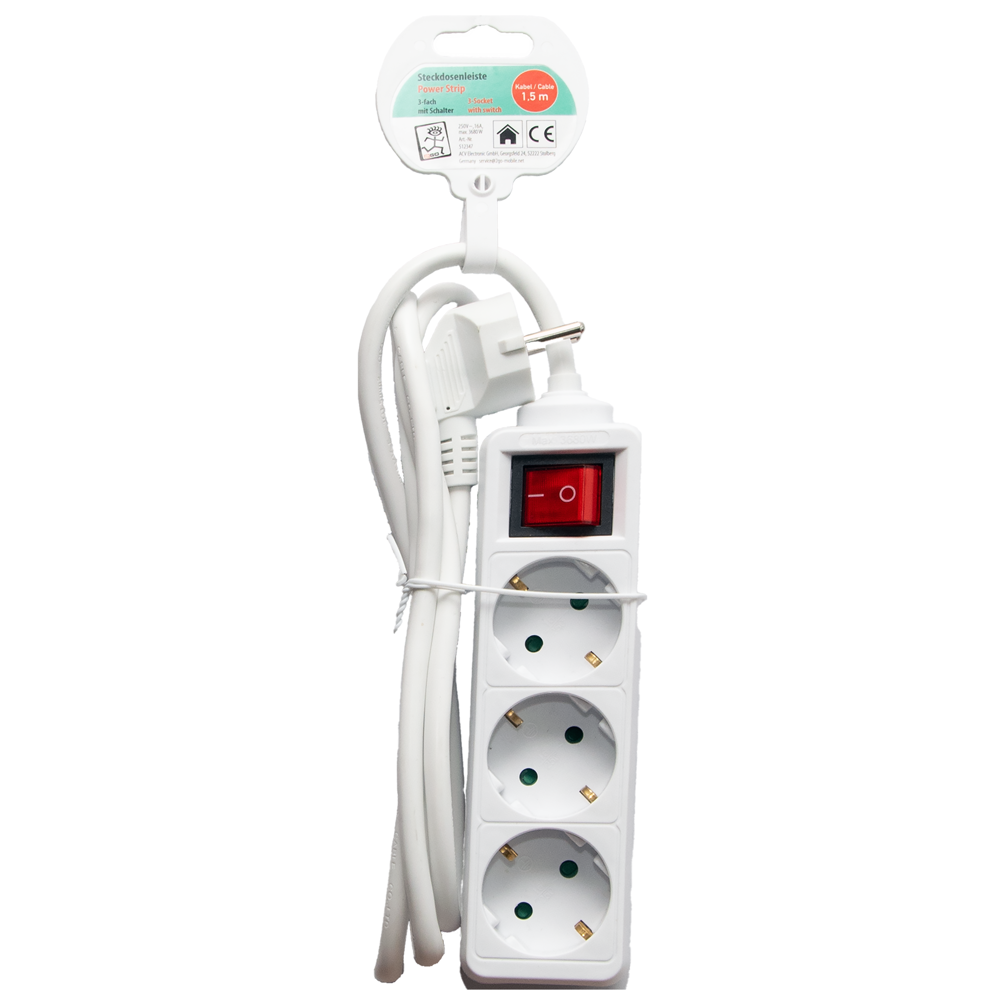 Steckdosenleiste 3-fach mit beleuchtetem Schalter - 16A - 3680W - 150cm - weiß - Verpackung