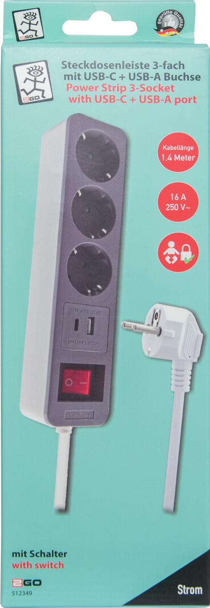Steckdosenleiste 3-fach mit beleuchtetem Schalter - zusätzliche USB A & USB Type-C Buchse - 3400 mA - 16A - 3680W - 140cm - weiß/grau