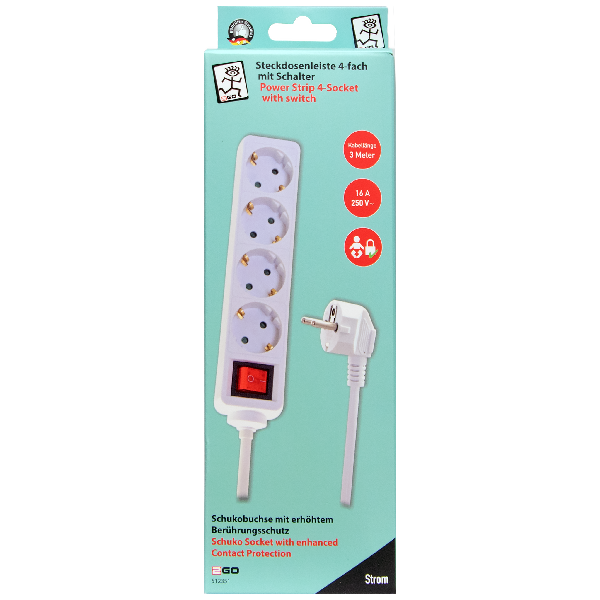 Steckdosenleiste 4-fach mit beleuchtetem Schalter - 16A - 3680W - 300cm - weiß - Verpackung