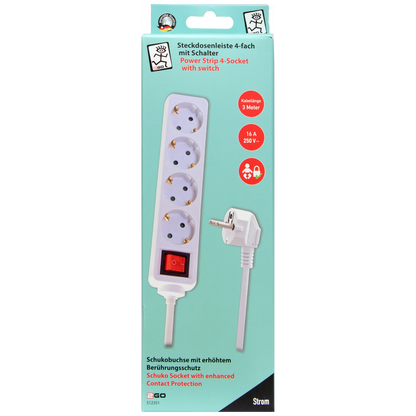 Steckdosenleiste 4-fach mit beleuchtetem Schalter - 16A - 3680W - 300cm - weiß - Verpackung