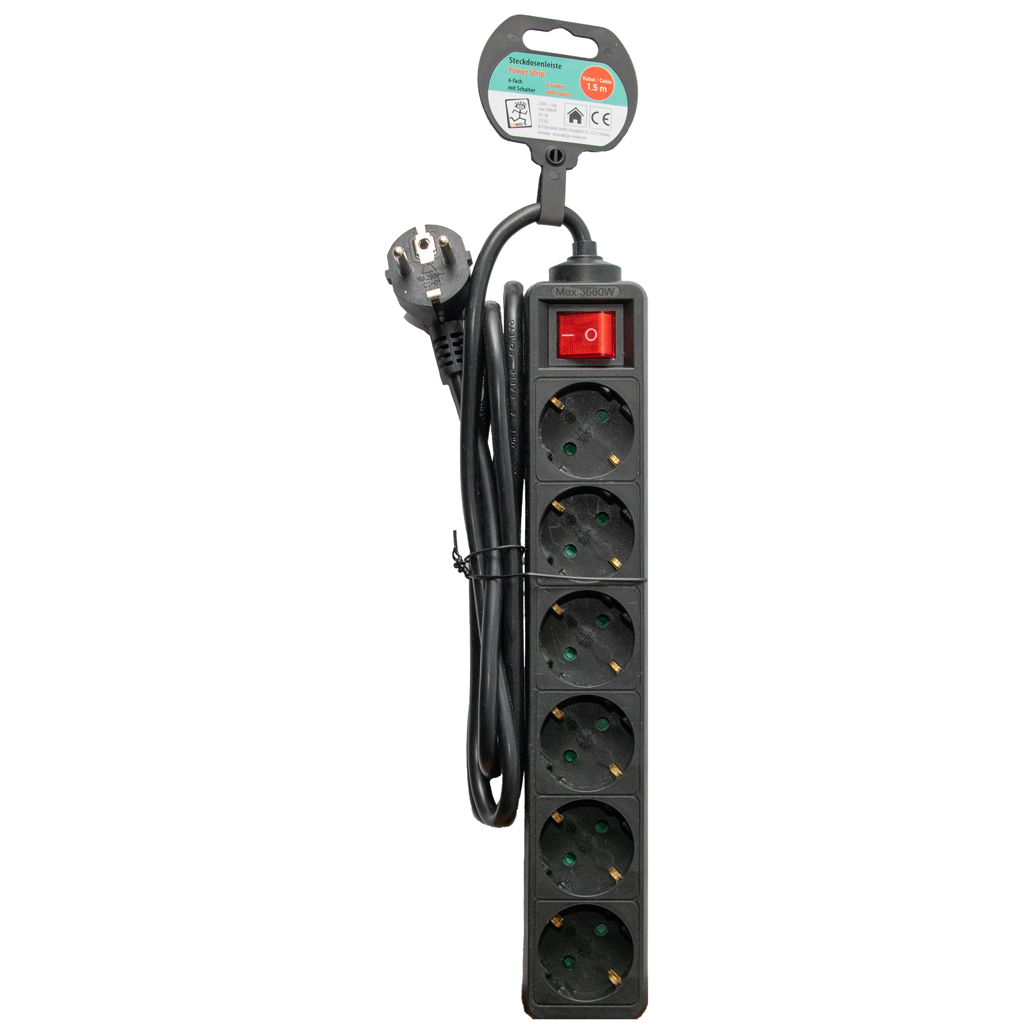 Steckdosenleiste 6-fach mit beleuchtetem Schalter - 16A - 3680W - 150cm - schwarz - Verpackung