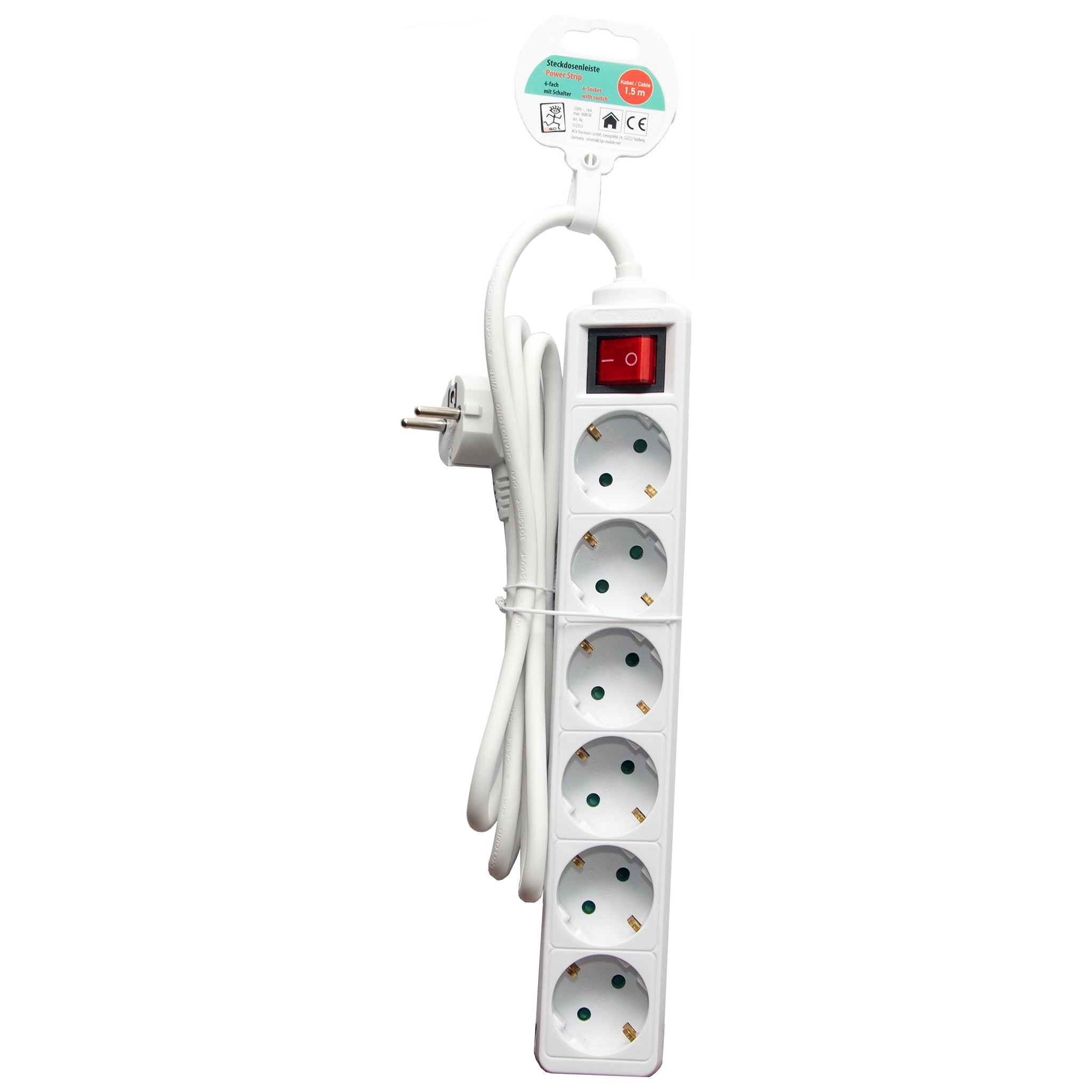 Steckdosenleiste 6-fach mit beleuchtetem Schalter - 16A - 3680W - 150cm - weiß - Verpackung