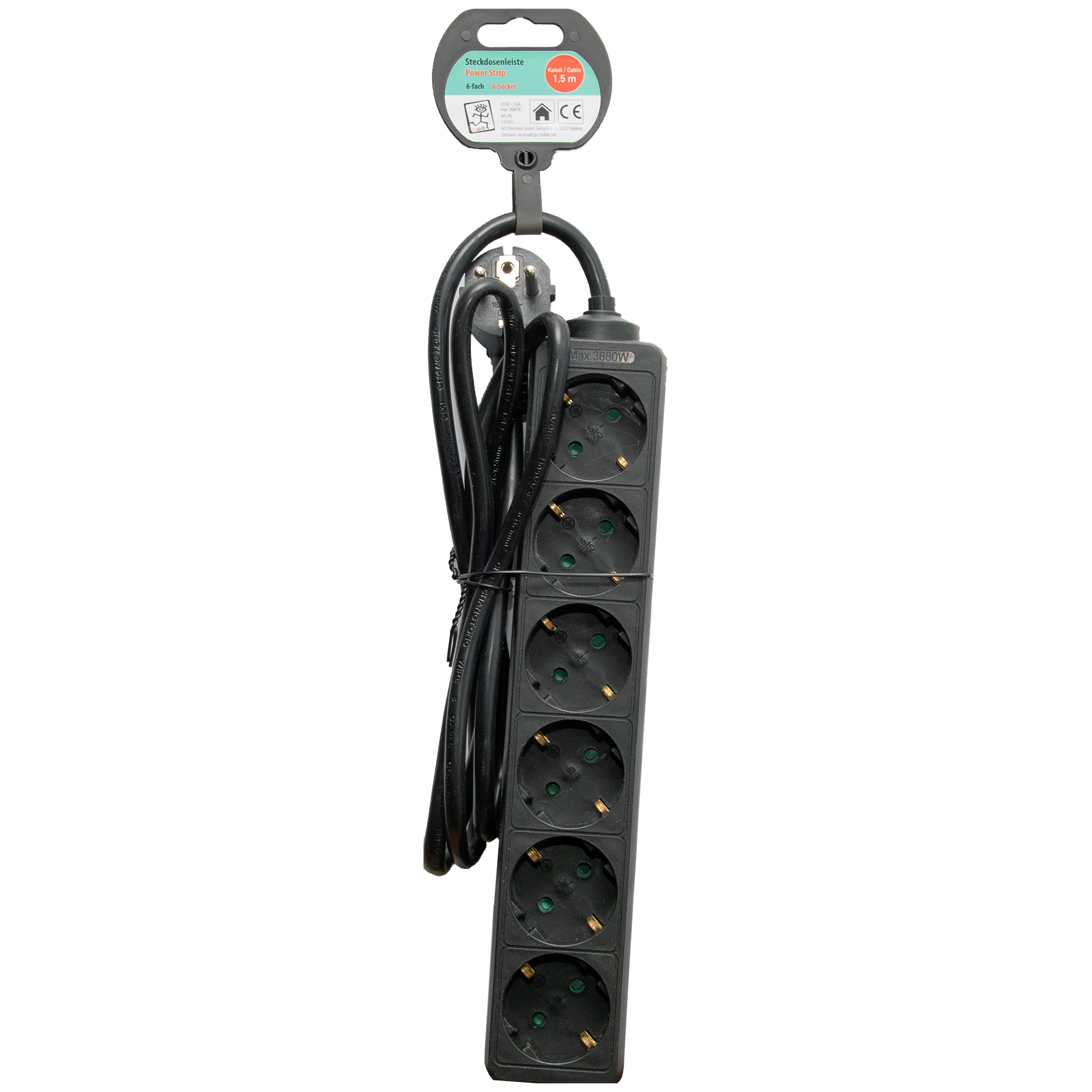 Steckdosenleiste 6-fach - 16 A - 3680 W - 150cm - schwarz - Verpackung
