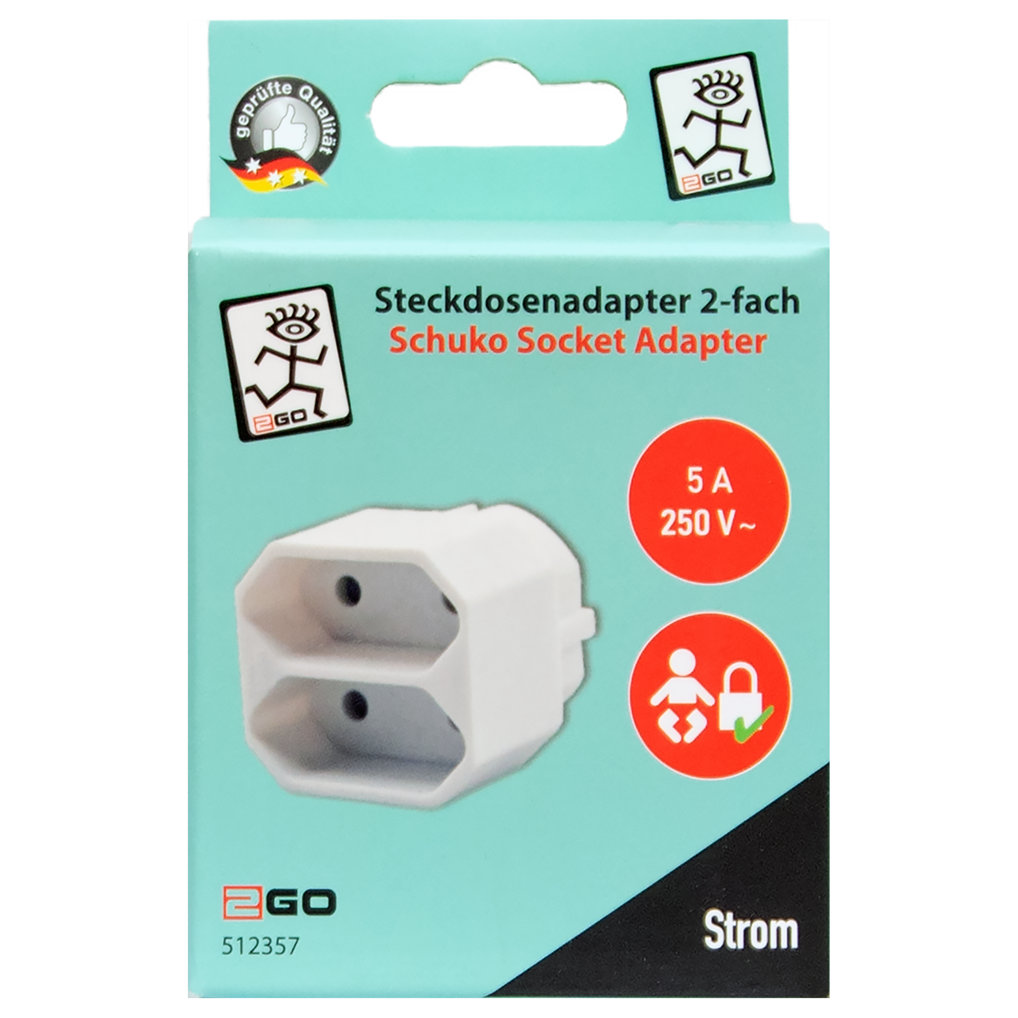 Steckdosenadapter 2-fach - 1 x Schukostecker auf 2 x Eurobuchse - 16 A - 3680 W - weiß - Verpackung