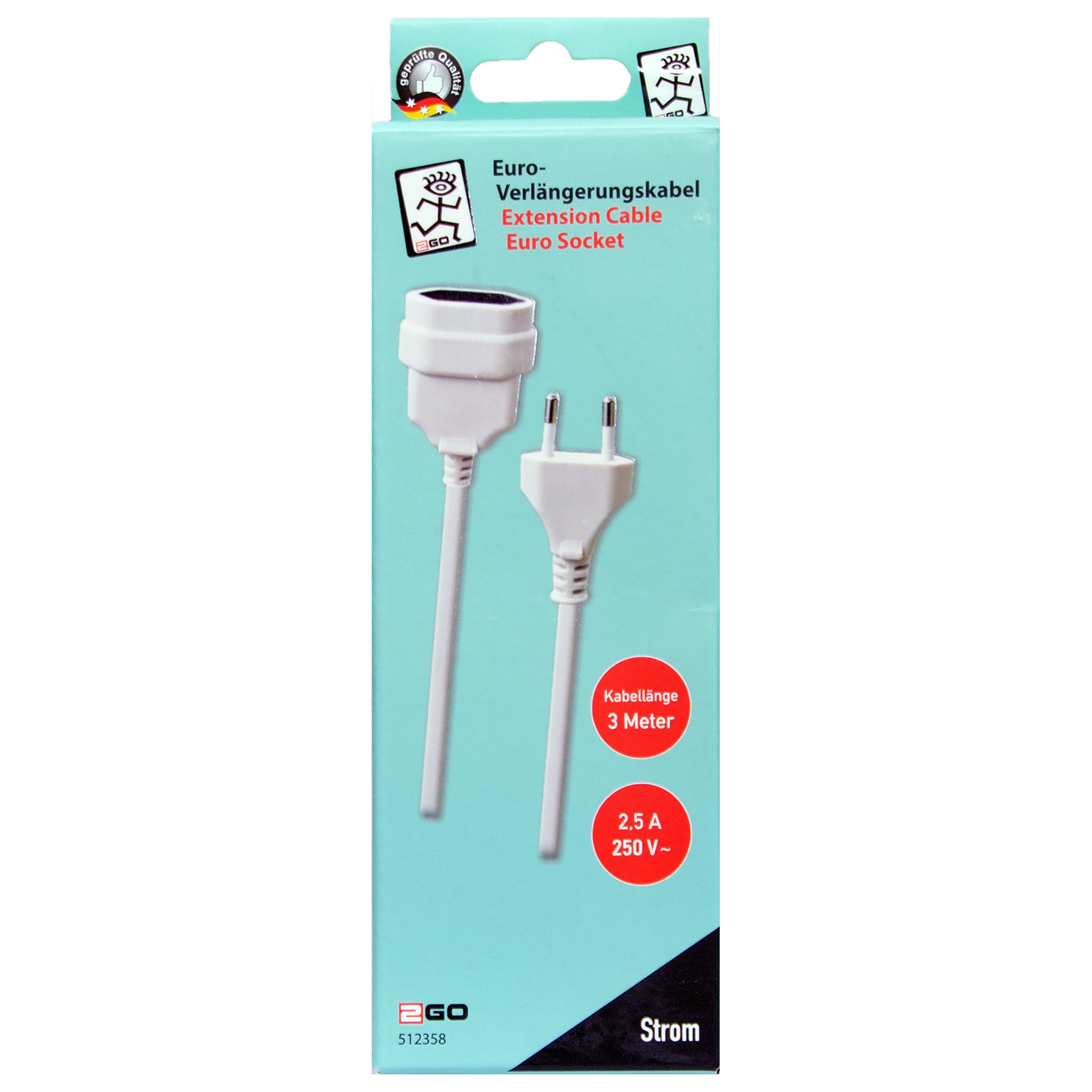 Euro-Verlängerung - Euro-Stecker auf Euro-Kupplung - maximal 600 W - 300 cm - weiß - Verpackung
