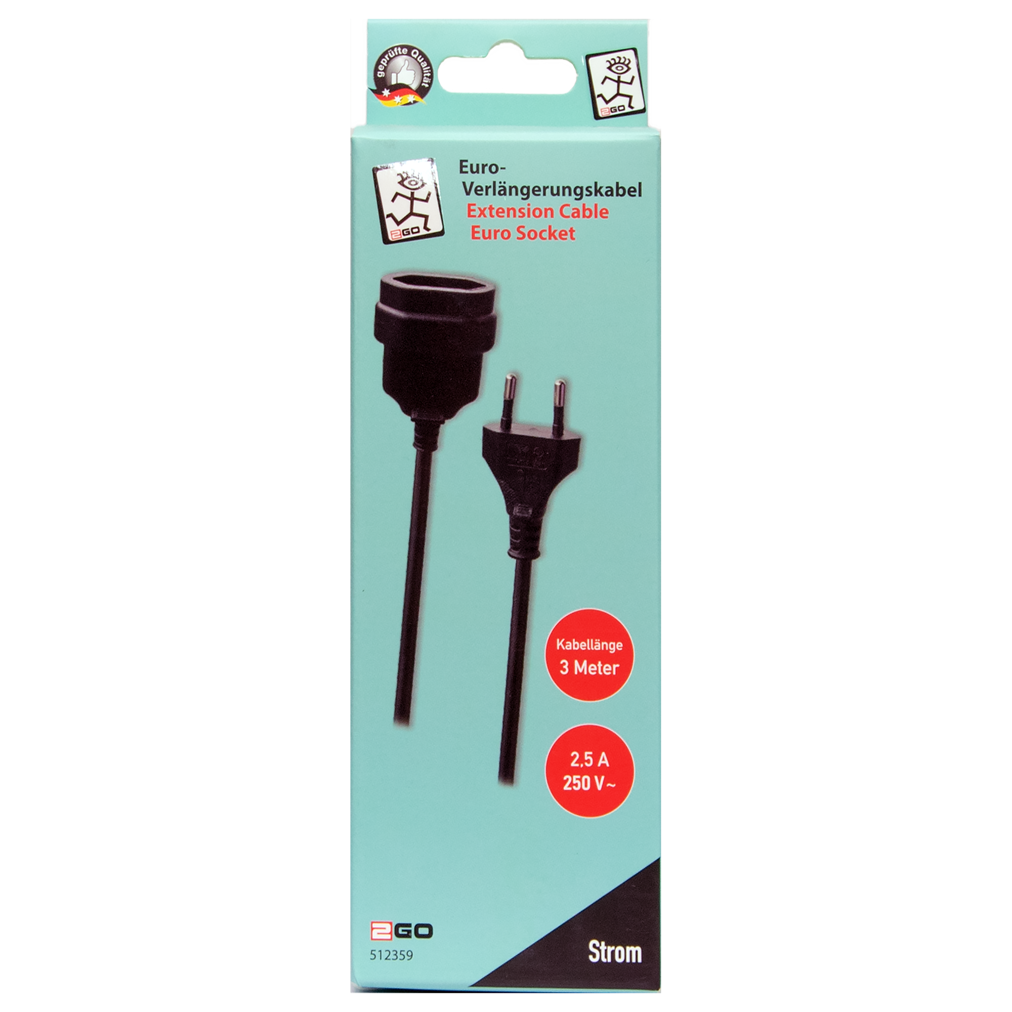 Euro-Verlängerung - Euro-Stecker auf Euro-Kupplung - maximal 600 W - 300 cm - schwarz - Verpackung
