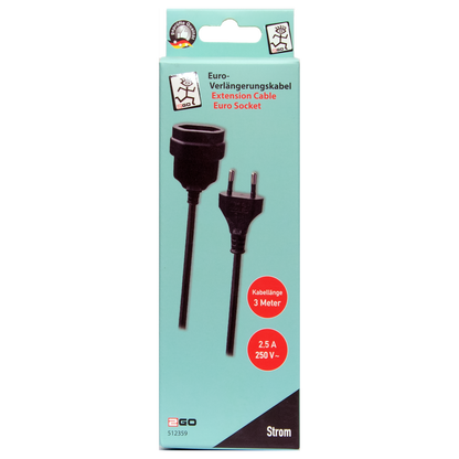 Euro-Verlängerung - Euro-Stecker auf Euro-Kupplung - maximal 600 W - 300 cm - schwarz - Verpackung